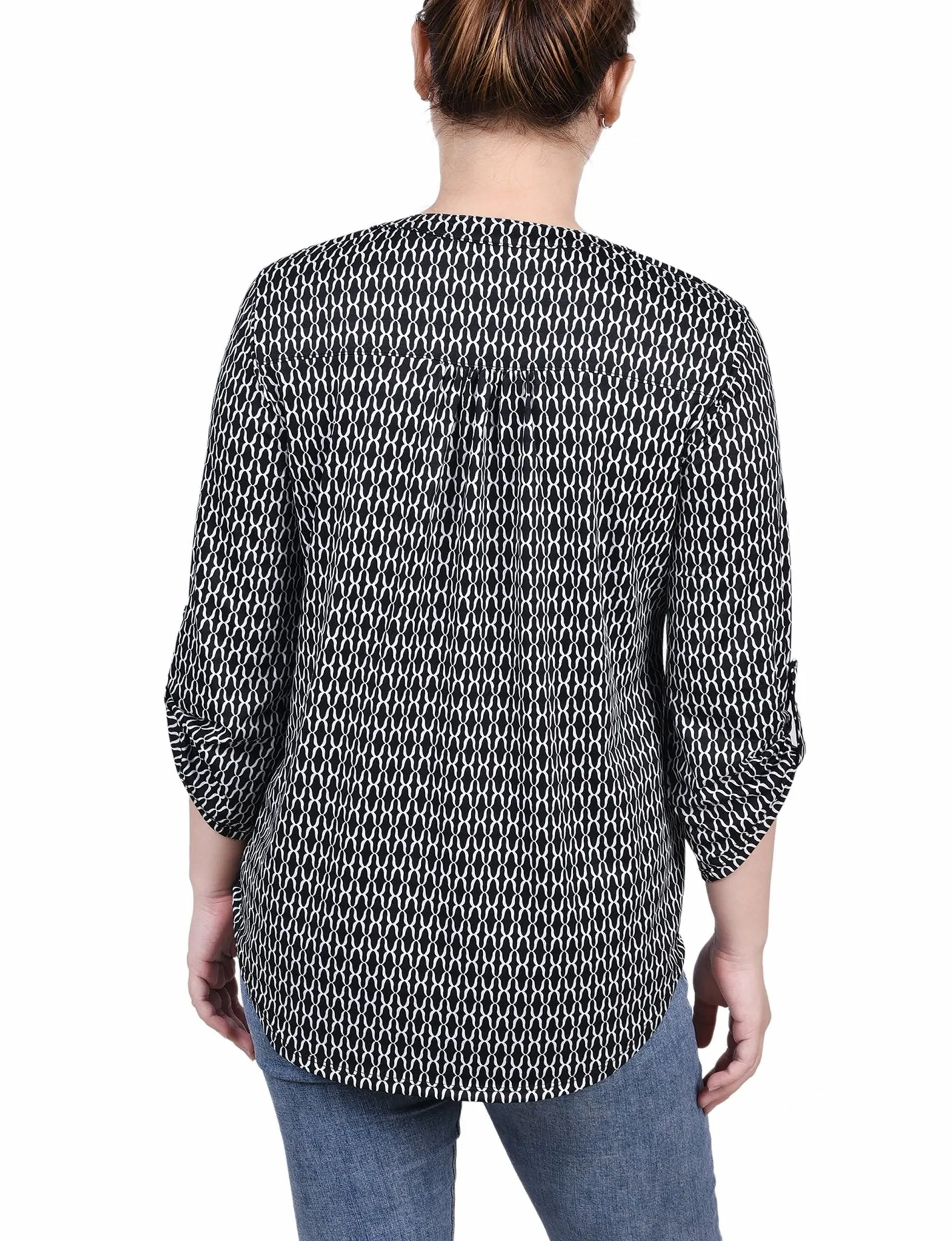 Black White Justin 3/4 Roll Tab Sleeve Y Neck Top - Petite sold by Dress Barn product image thumbnail 4