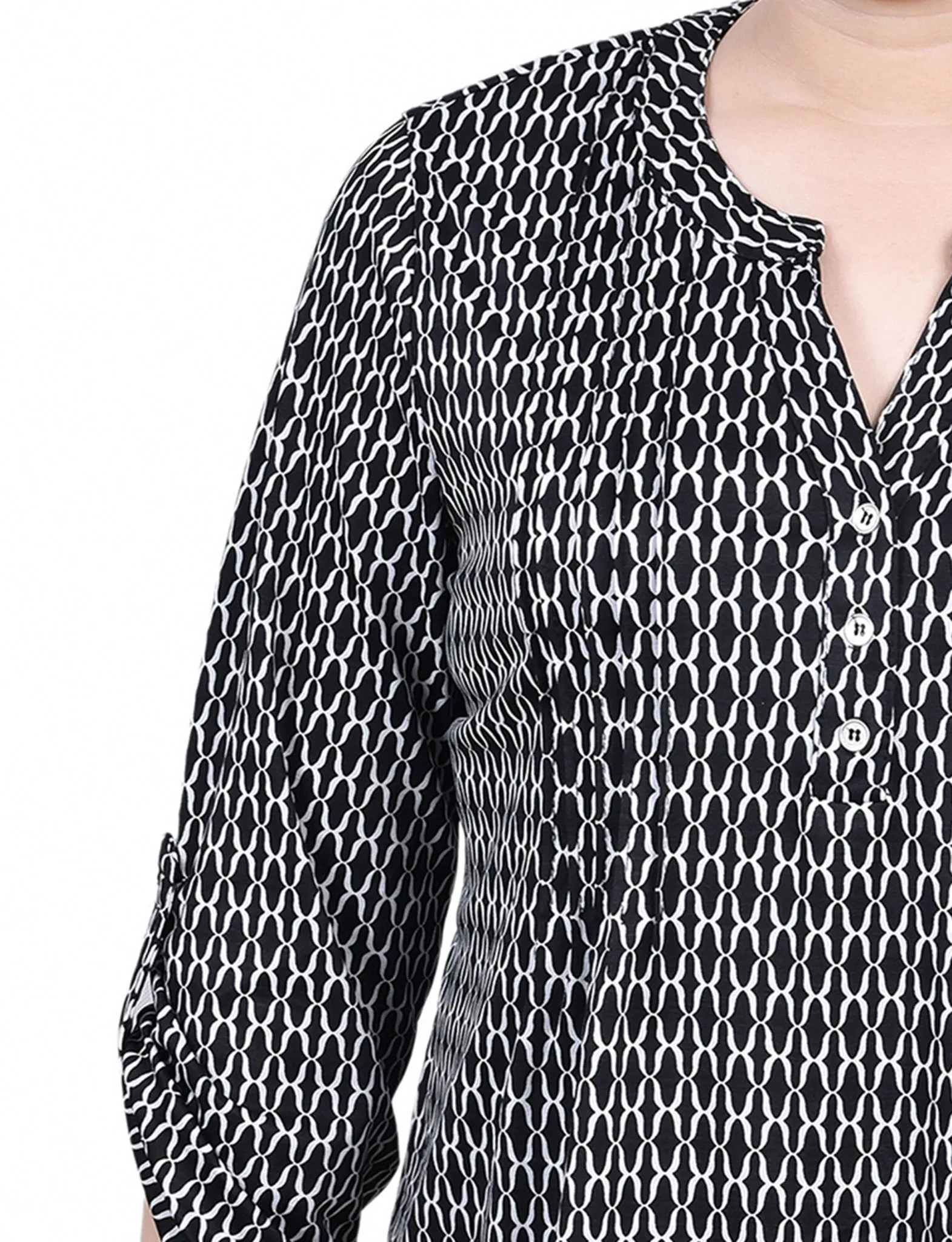 Black White Justin 3/4 Roll Tab Sleeve Y Neck Top - Petite sold by Dress Barn product image thumbnail 3