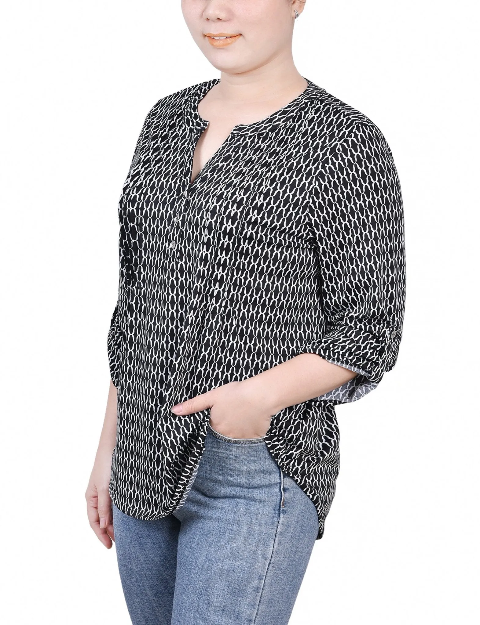 Black White Justin 3/4 Roll Tab Sleeve Y Neck Top - Petite sold by Dress Barn product image thumbnail 2