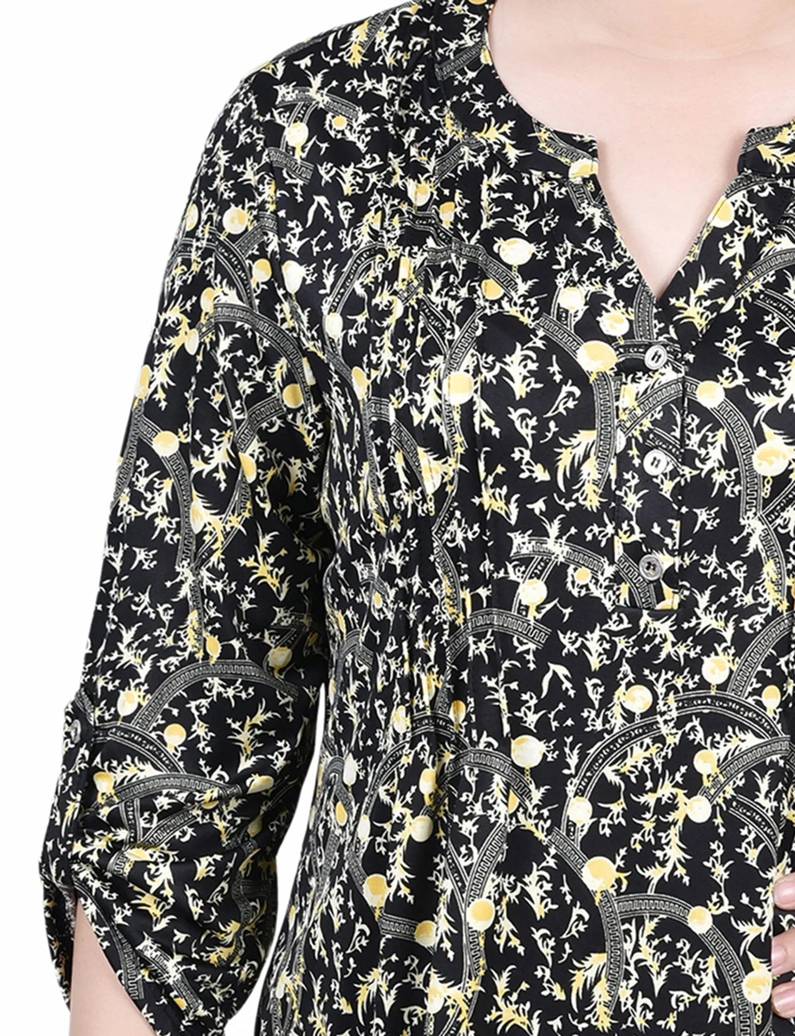 Navy Gold Damask 3/4 Roll Tab Sleeve Y Neck Top - Petite sold by Dress Barn product image thumbnail 3