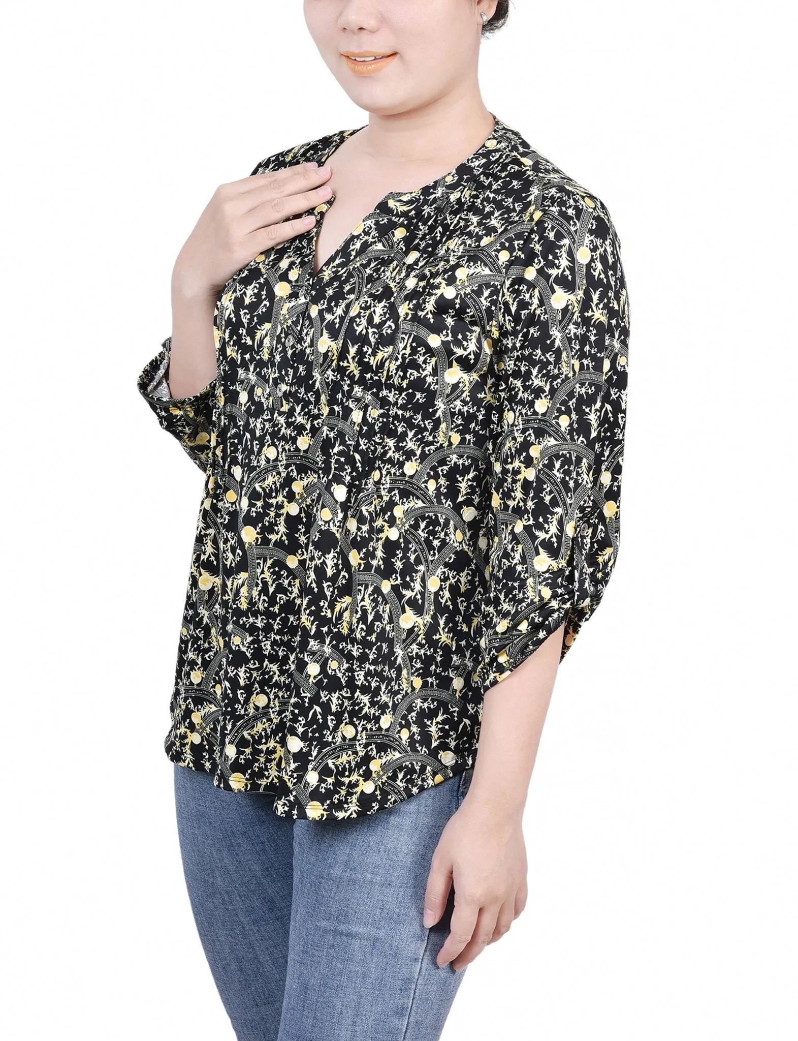 Navy Gold Damask 3/4 Roll Tab Sleeve Y Neck Top - Petite sold by Dress Barn product image thumbnail 2