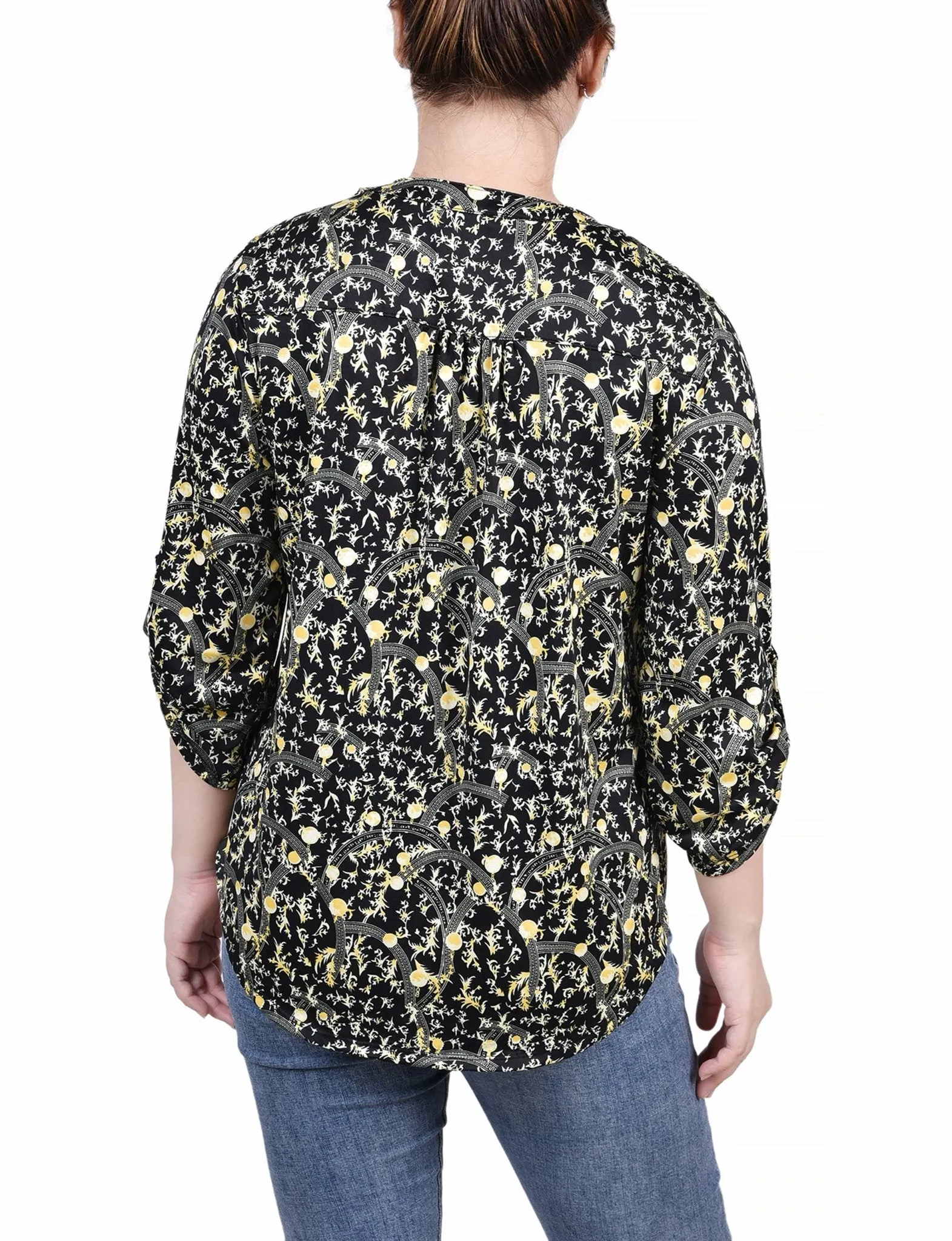 Navy Gold Damask 3/4 Roll Tab Sleeve Y Neck Top - Petite sold by Dress Barn product image thumbnail 4