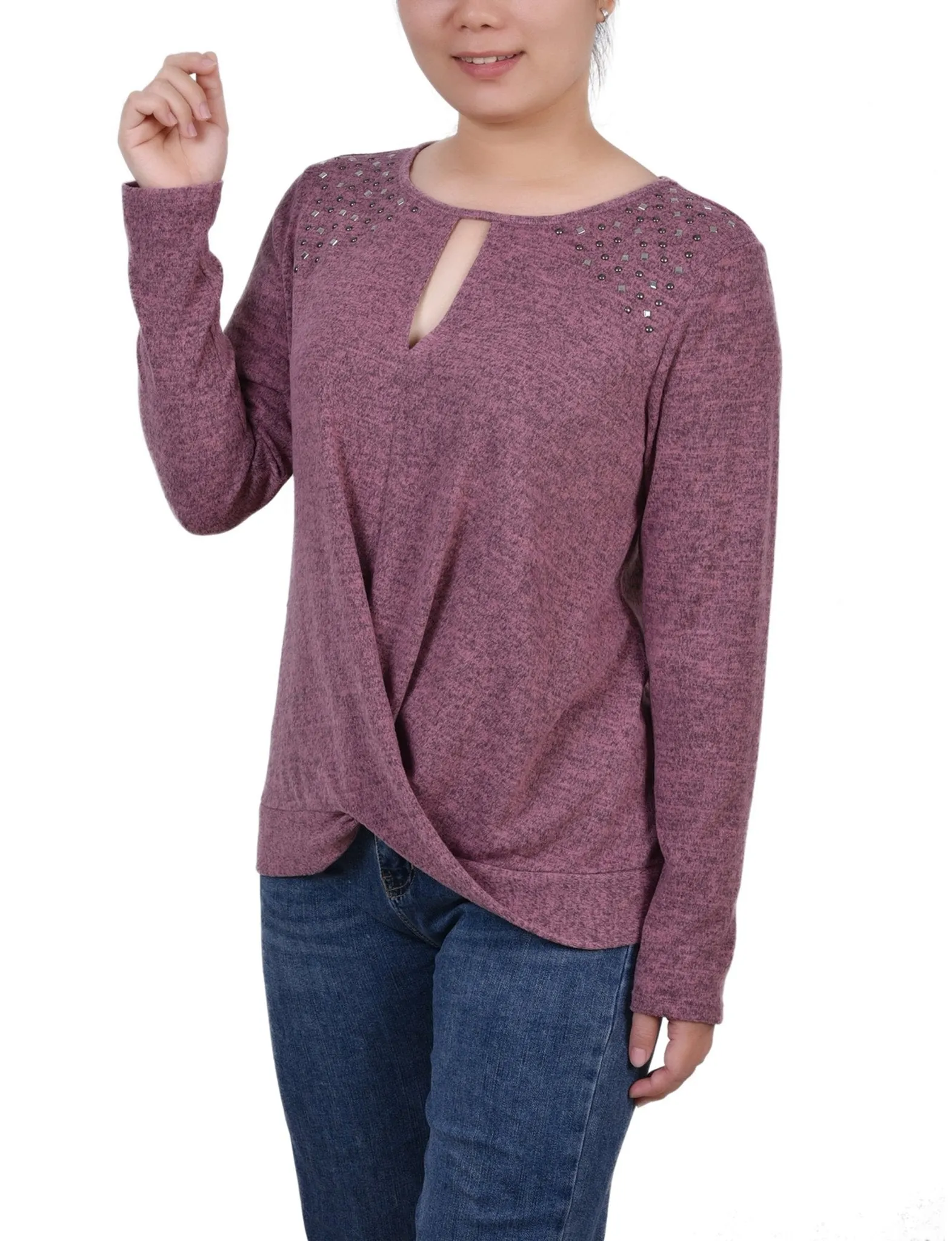 Mauve Long Sleeve Knit Keyhole Top With Studs - Petite sold by Dress Barn product image thumbnail 2