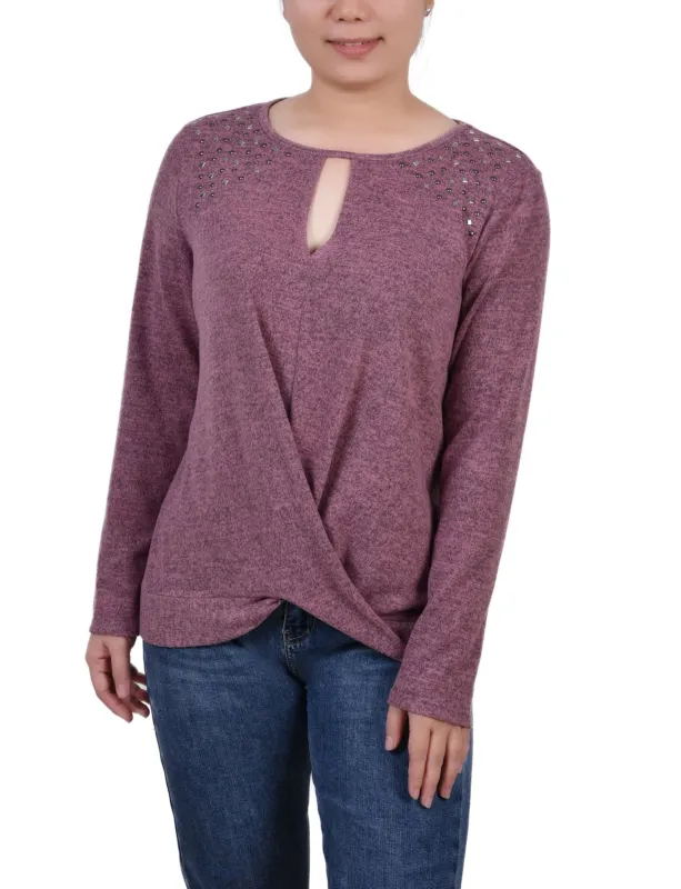 Mauve Long Sleeve Knit Keyhole Top With Studs - Petite sold by Dress Barn