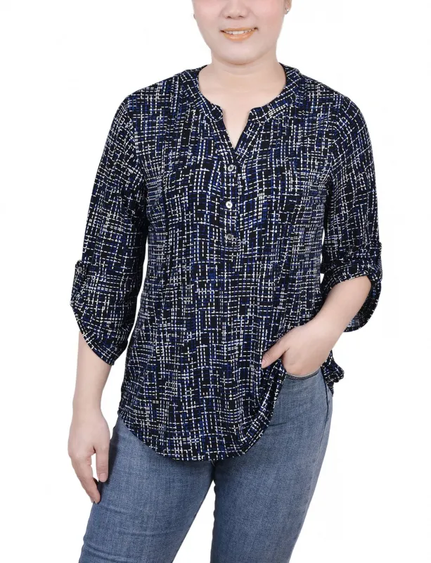 Black Royal Abstract Line 3/4 Roll Tab Sleeve Y Neck Top - Petite sold by Dress Barn