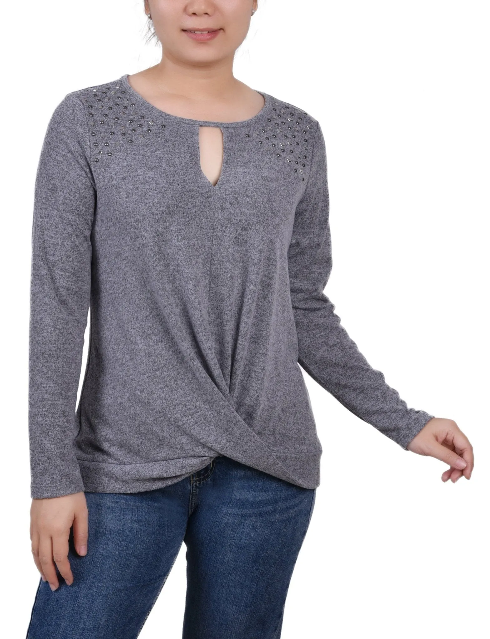 Charcoal Long Sleeve Knit Keyhole Top With Studs - Petite sold by Dress Barn