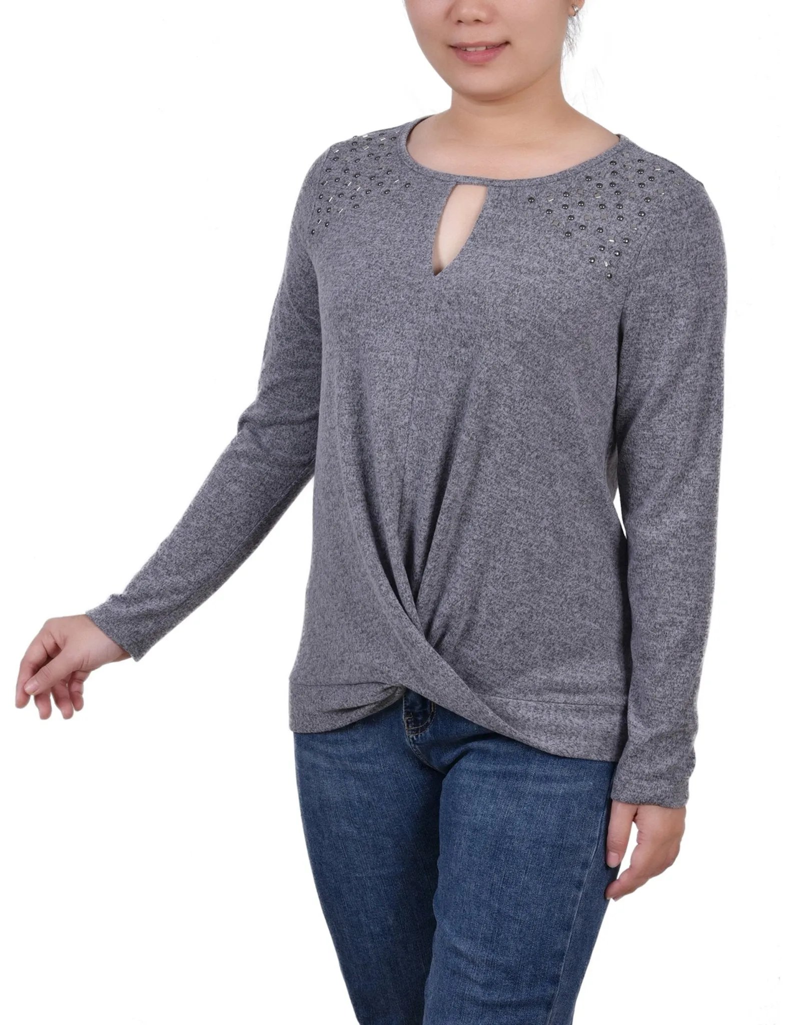 Charcoal Long Sleeve Knit Keyhole Top With Studs - Petite sold by Dress Barn product image thumbnail 2