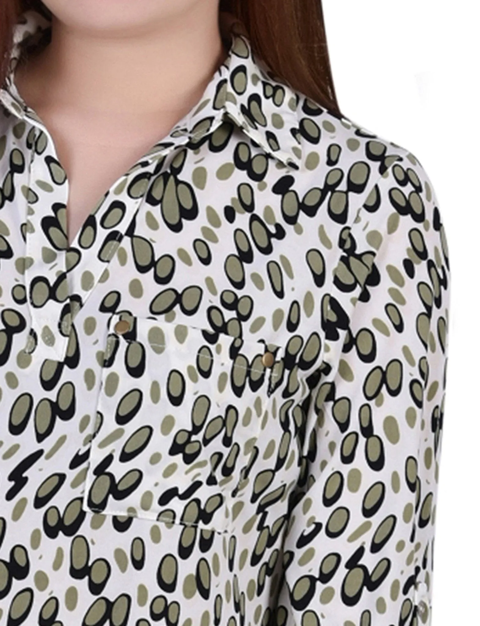 Grey Abstract Dots 3/4 Roll Tab Sleeve Studded Y Neck Top - Petite sold by Dress Barn product image thumbnail 3