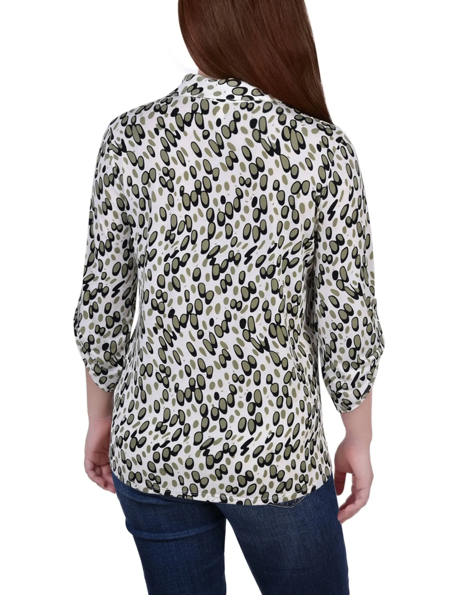 Grey Abstract Dots 3/4 Roll Tab Sleeve Studded Y Neck Top - Petite sold by Dress Barn product image thumbnail 4