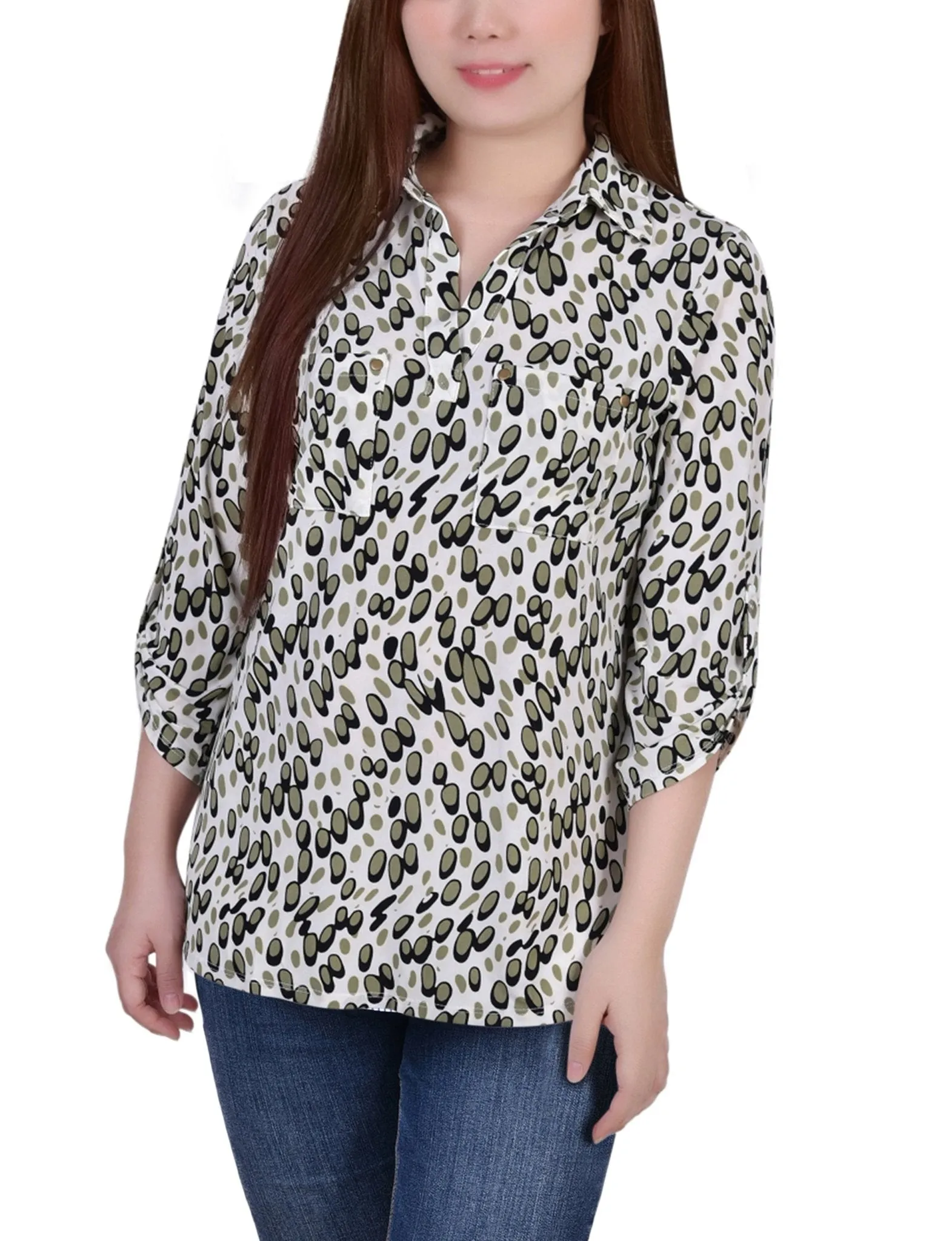 Grey Abstract Dots 3/4 Roll Tab Sleeve Studded Y Neck Top - Petite sold by Dress Barn