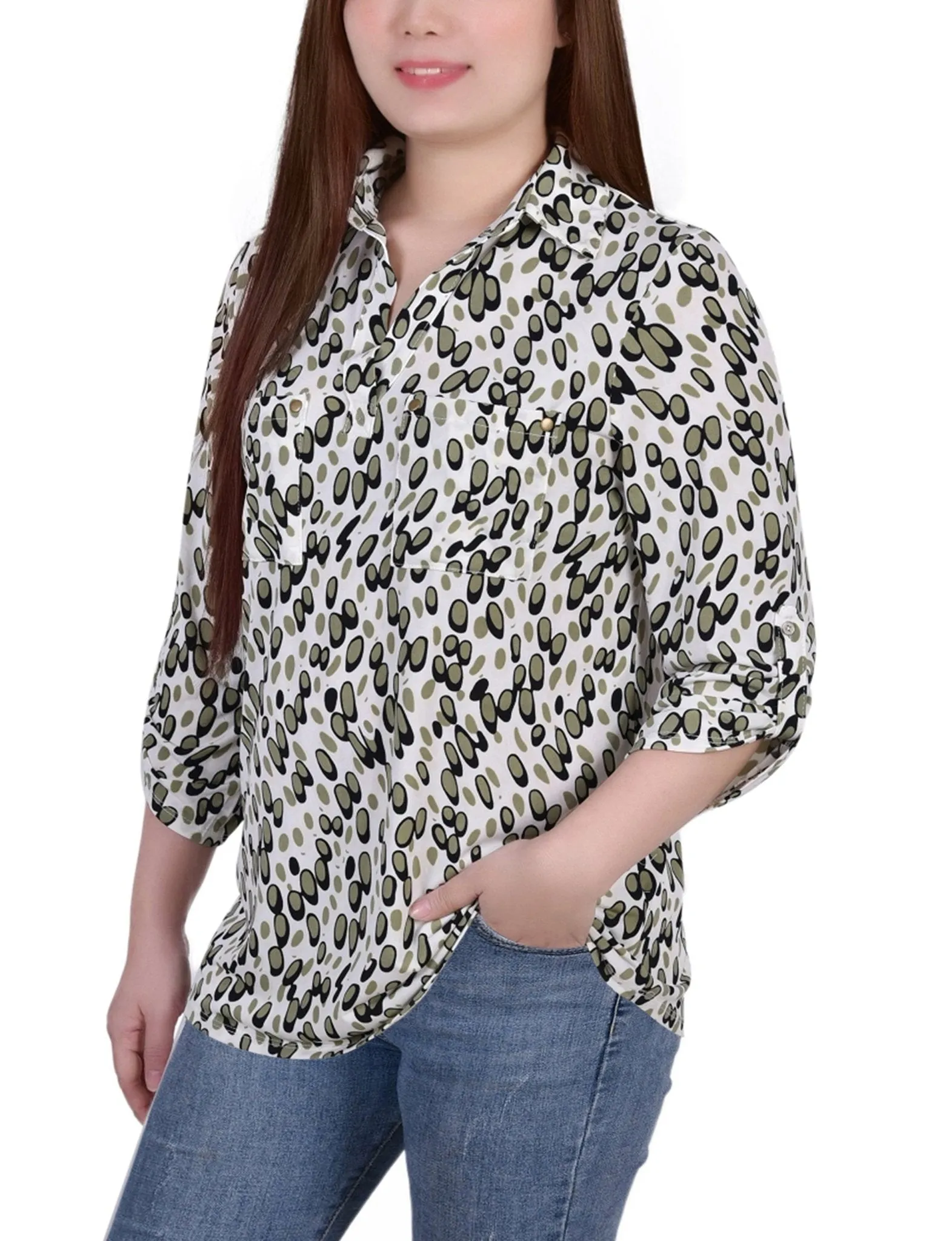 Grey Abstract Dots 3/4 Roll Tab Sleeve Studded Y Neck Top - Petite sold by Dress Barn product image thumbnail 2