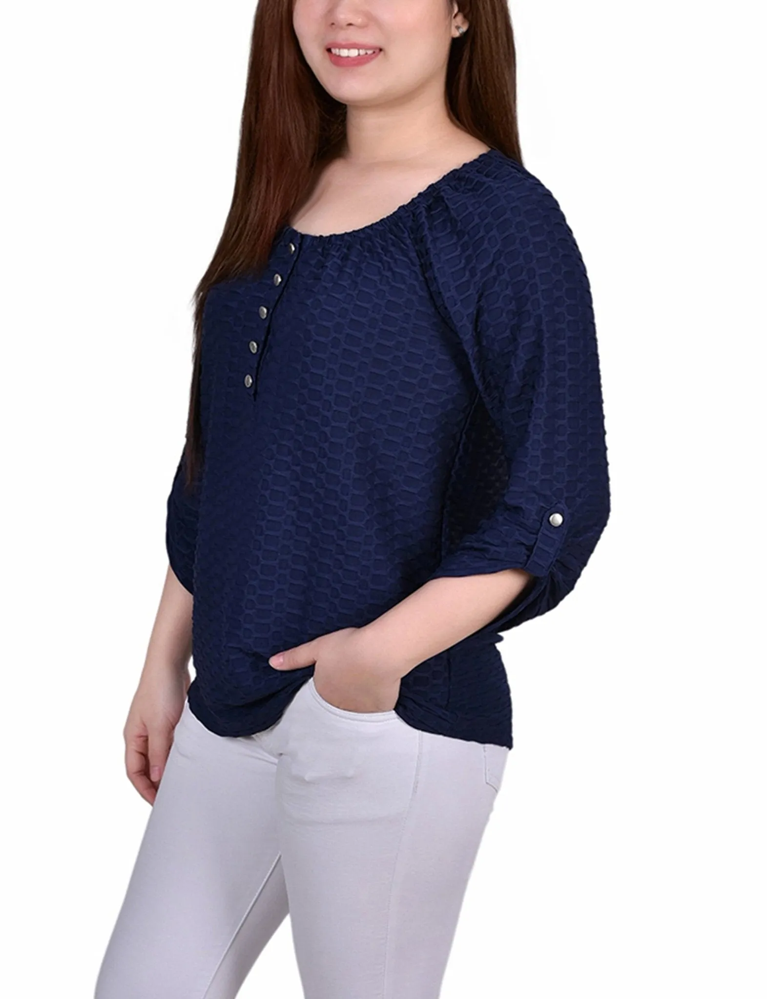 Dark Blue 3/4 Sleeve Blouse With Necklace - Petite sold by Dress Barn product image thumbnail 2