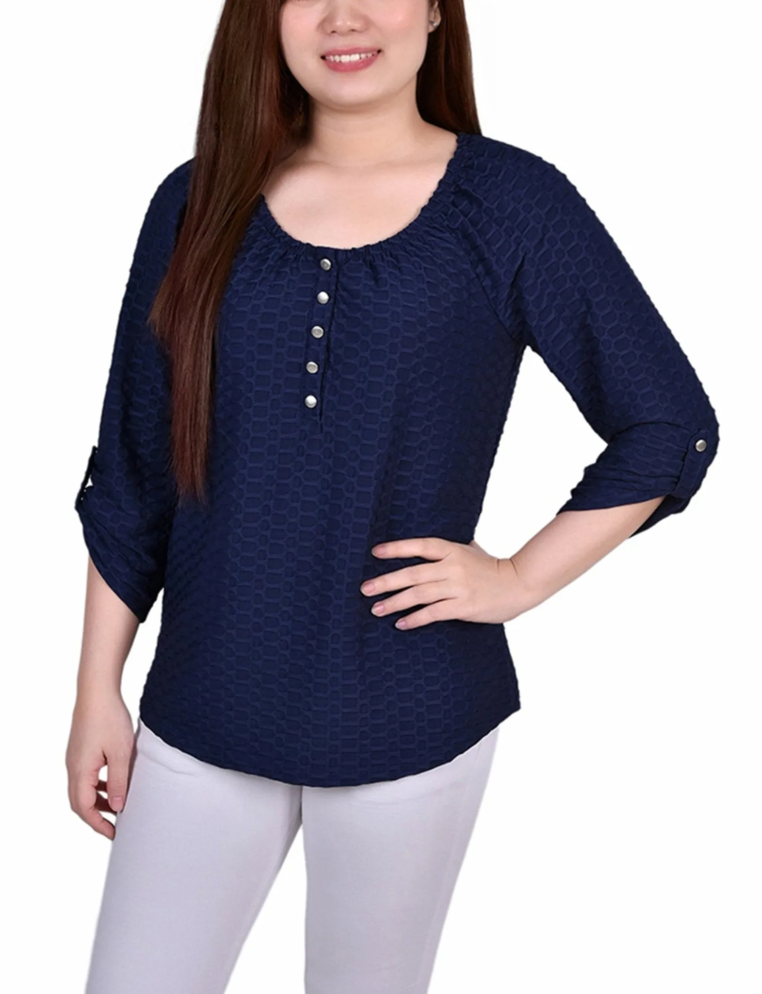Dark Blue 3/4 Sleeve Blouse With Necklace - Petite sold by Dress Barn