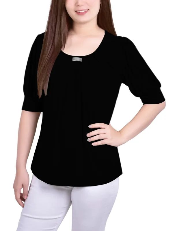 Black Short Sleeve Balloon Sleeve Top With Hardware - Petite sold by Dress Barn