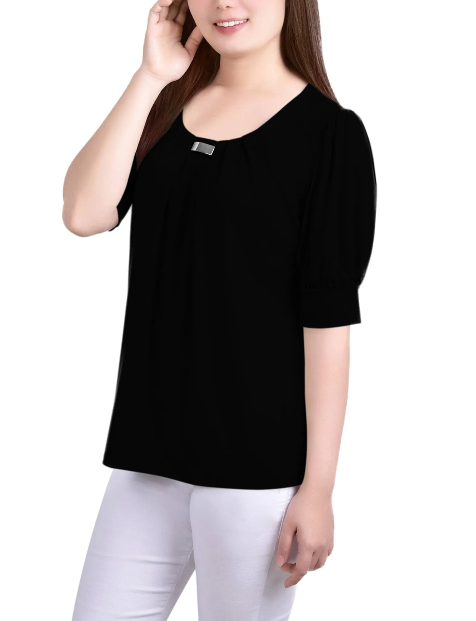 Black Short Sleeve Balloon Sleeve Top With Hardware - Petite sold by Dress Barn product image thumbnail 2