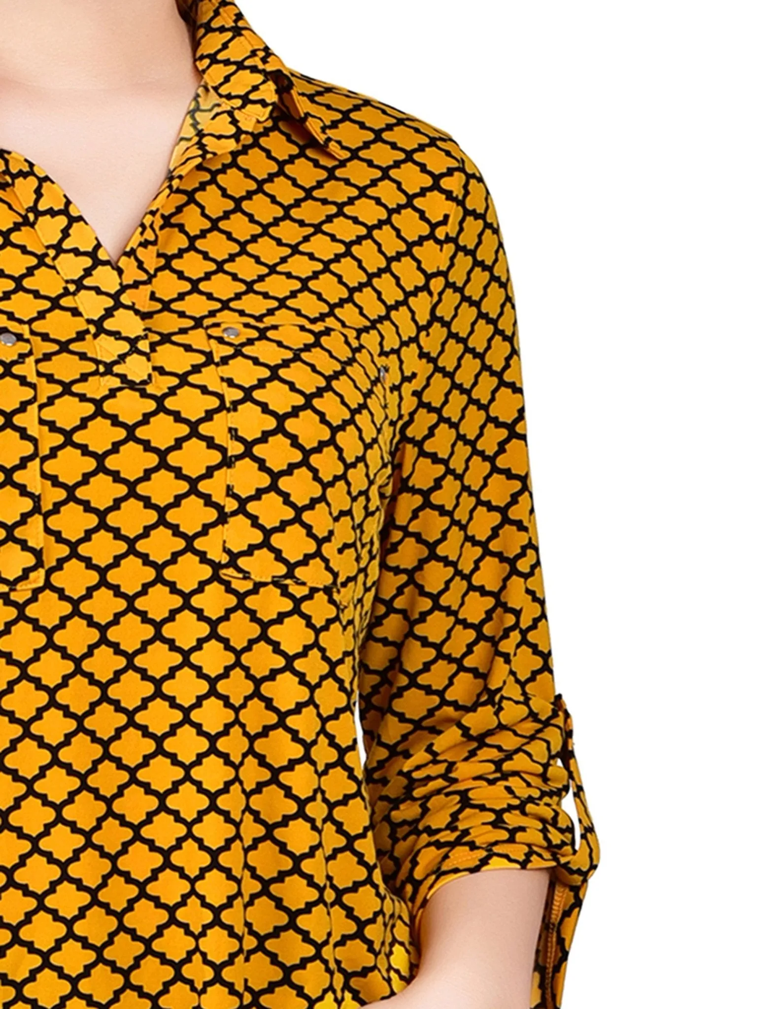 Golden Glow Black Fleur De Lis 3/4 Roll Tab Sleeve Studded Y Neck Top - Petite sold by Dress Barn product image thumbnail 3