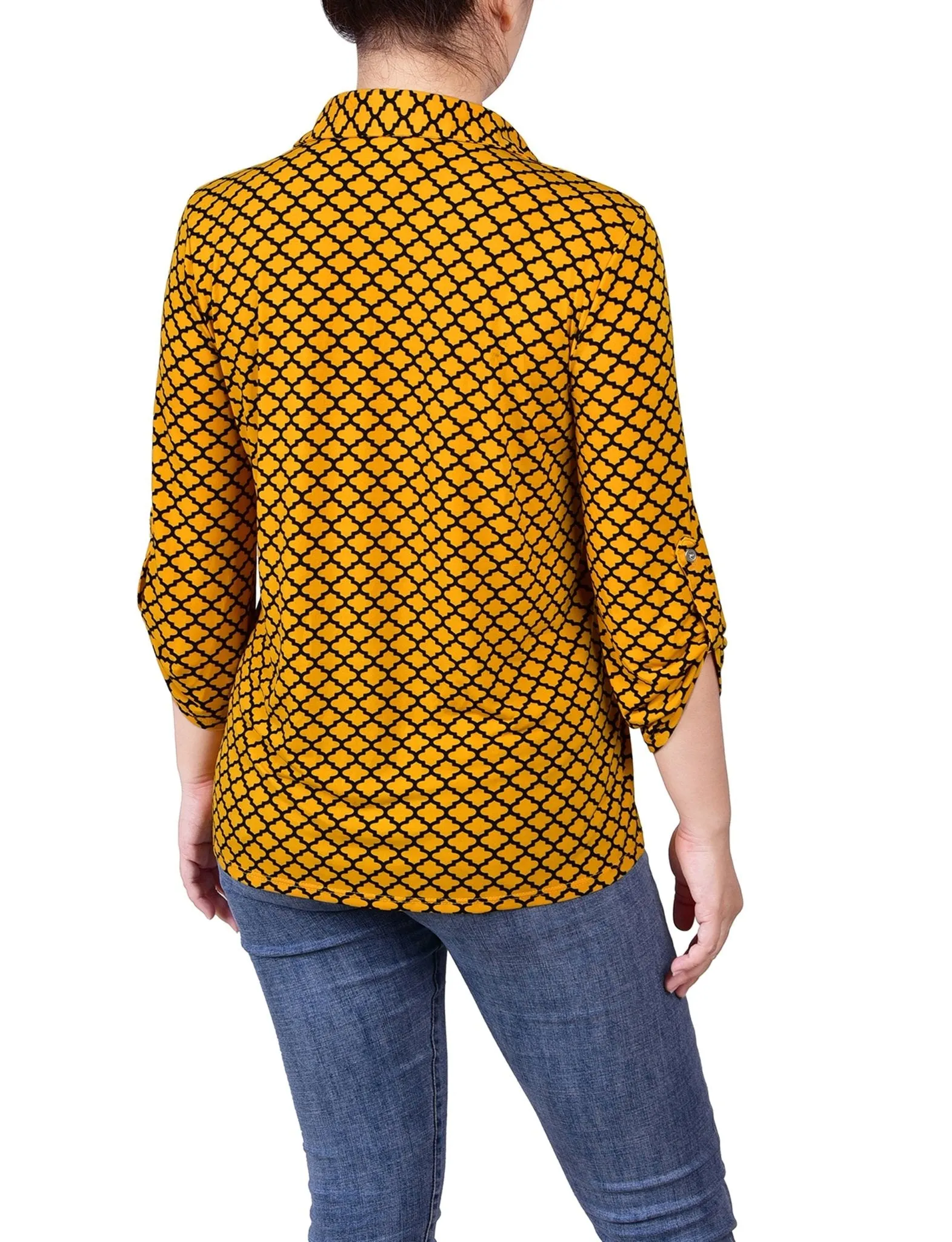Golden Glow Black Fleur De Lis 3/4 Roll Tab Sleeve Studded Y Neck Top - Petite sold by Dress Barn product image thumbnail 4