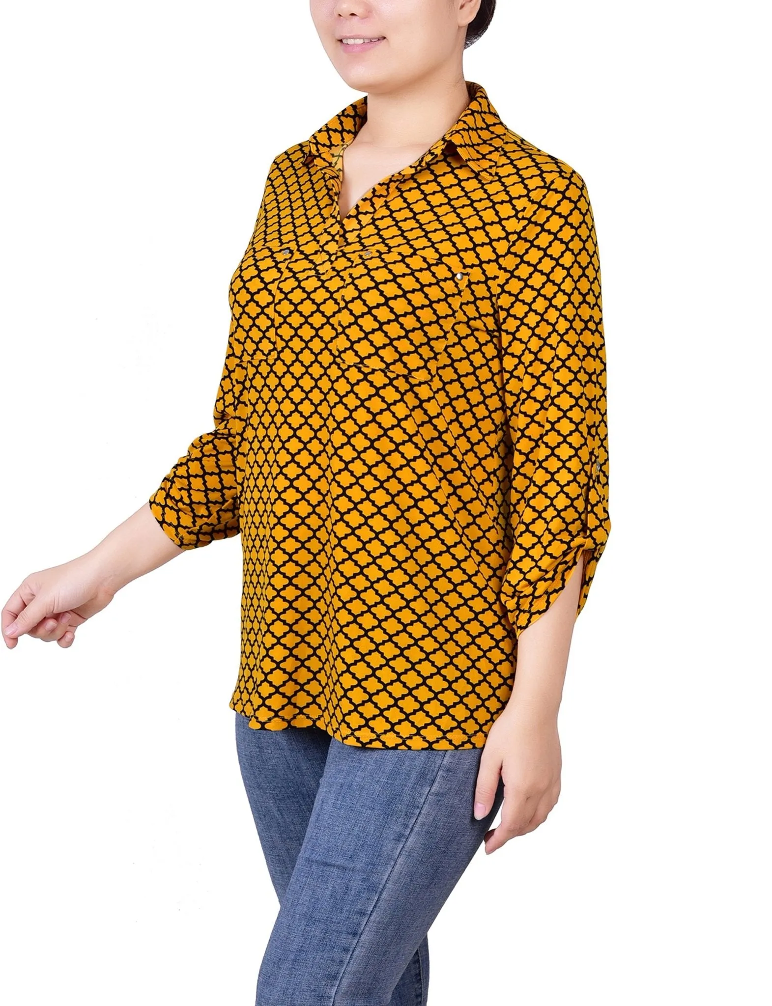 Golden Glow Black Fleur De Lis 3/4 Roll Tab Sleeve Studded Y Neck Top - Petite sold by Dress Barn product image thumbnail 2