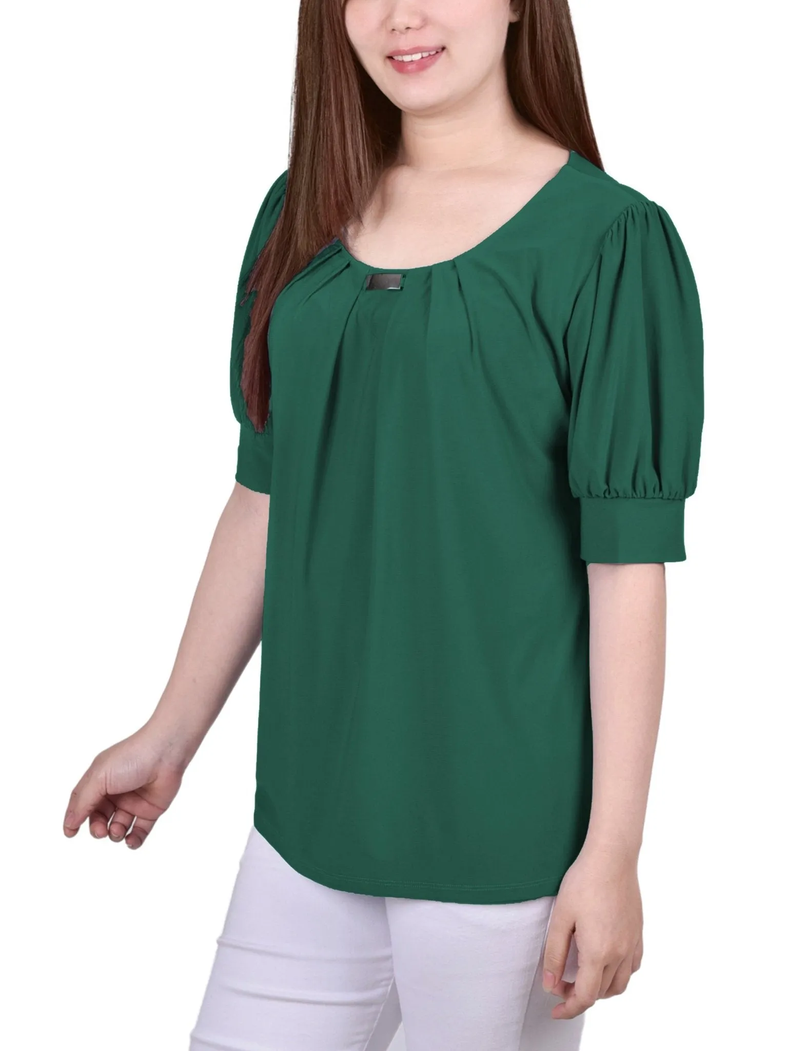 Cadmium Green Short Sleeve Balloon Sleeve Top With Hardware - Petite sold by Dress Barn product image thumbnail 2