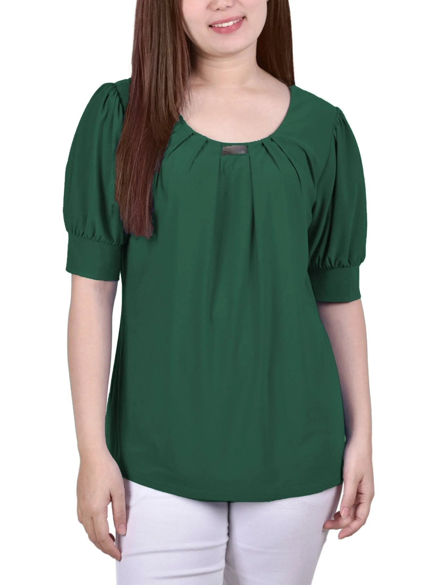 Cadmium Green Short Sleeve Balloon Sleeve Top With Hardware - Petite sold by Dress Barn