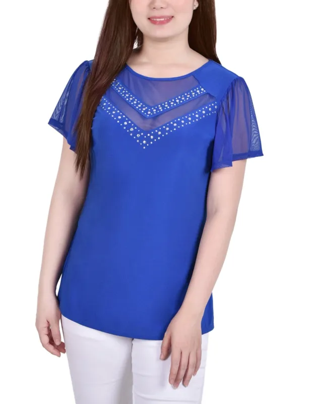 Victoria Blue Studded Short Flutter Sleeve Top With Mesh Details - Petite sold by Dress Barn