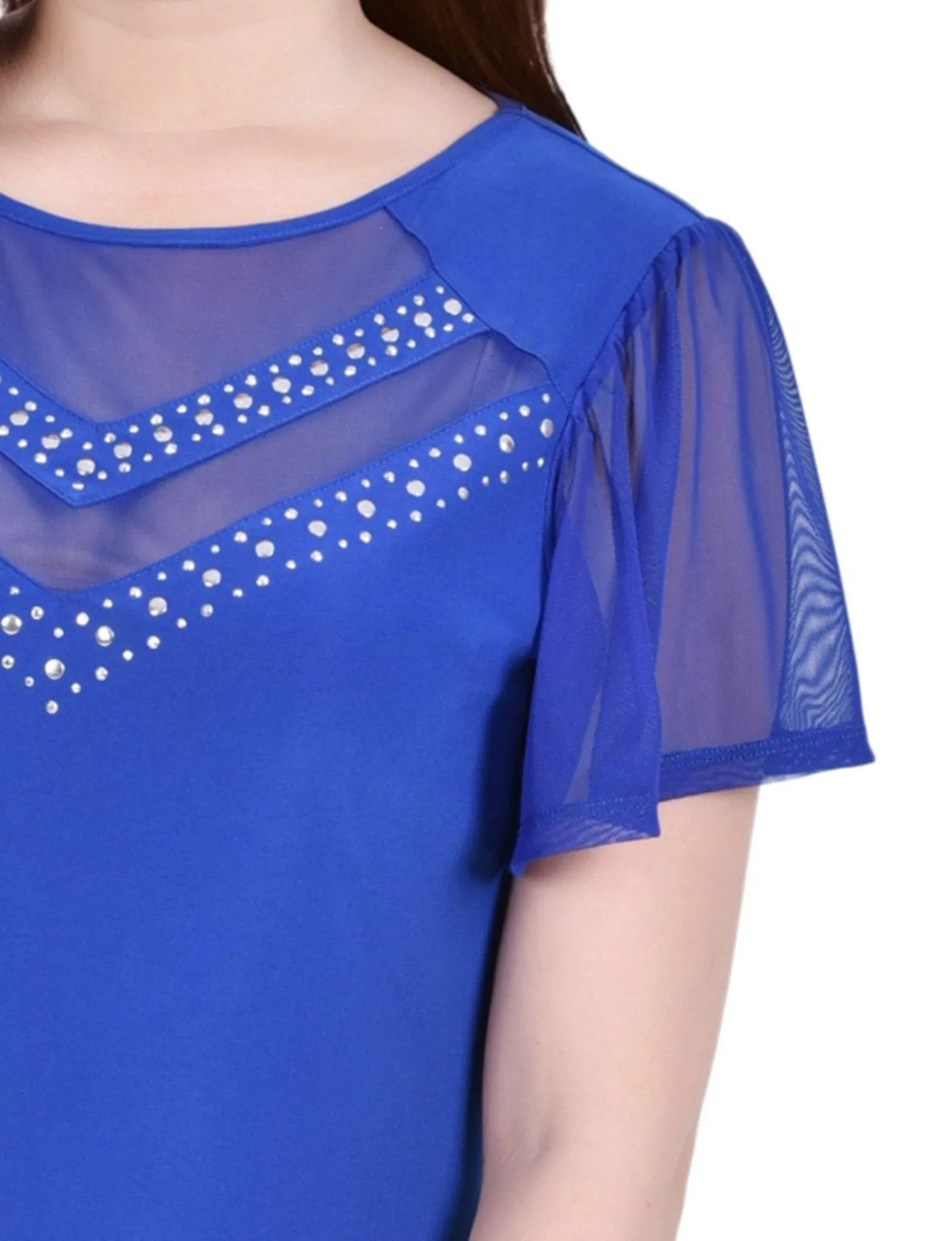 Victoria Blue Studded Short Flutter Sleeve Top With Mesh Details - Petite sold by Dress Barn product image thumbnail 3