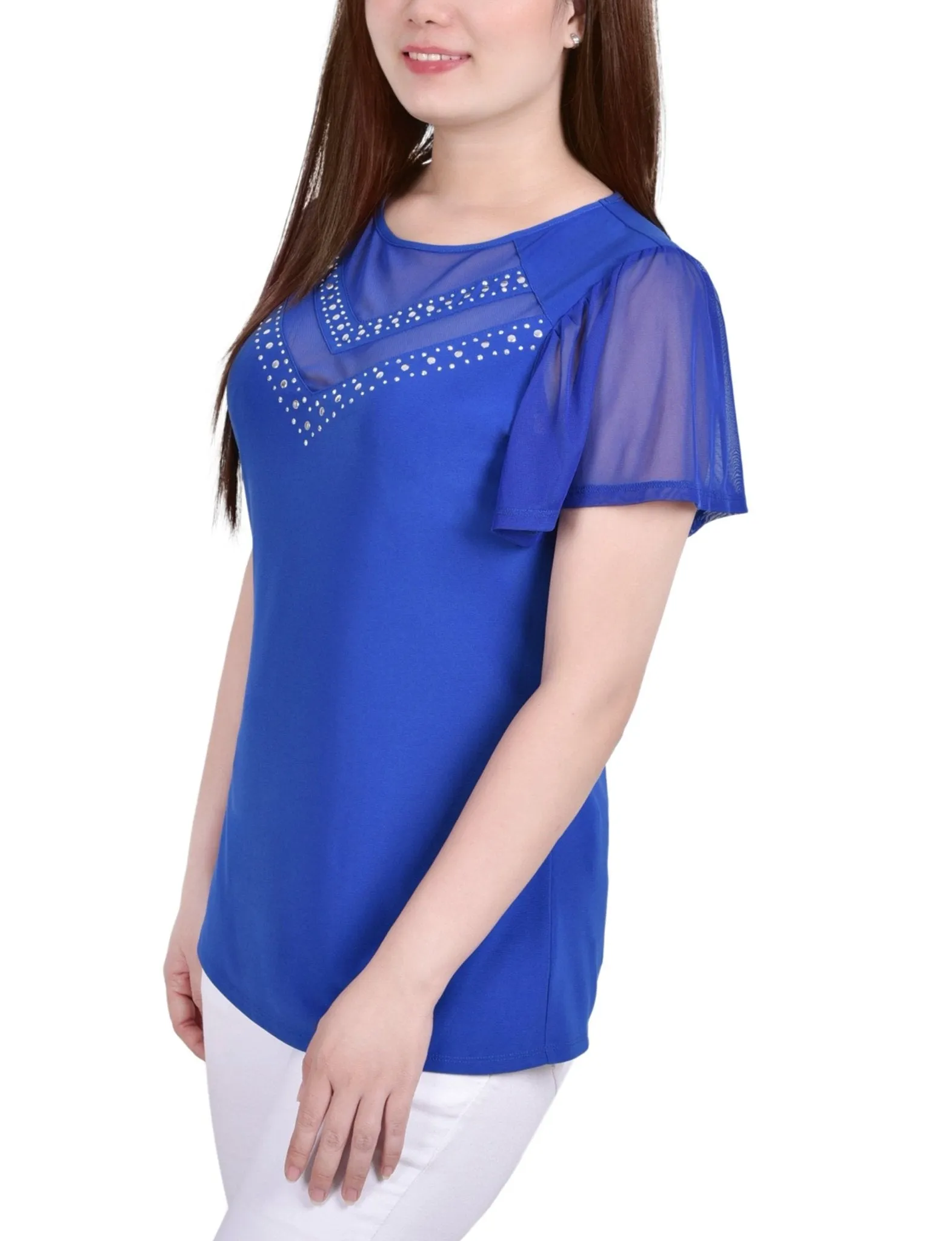 Victoria Blue Studded Short Flutter Sleeve Top With Mesh Details - Petite sold by Dress Barn product image thumbnail 2