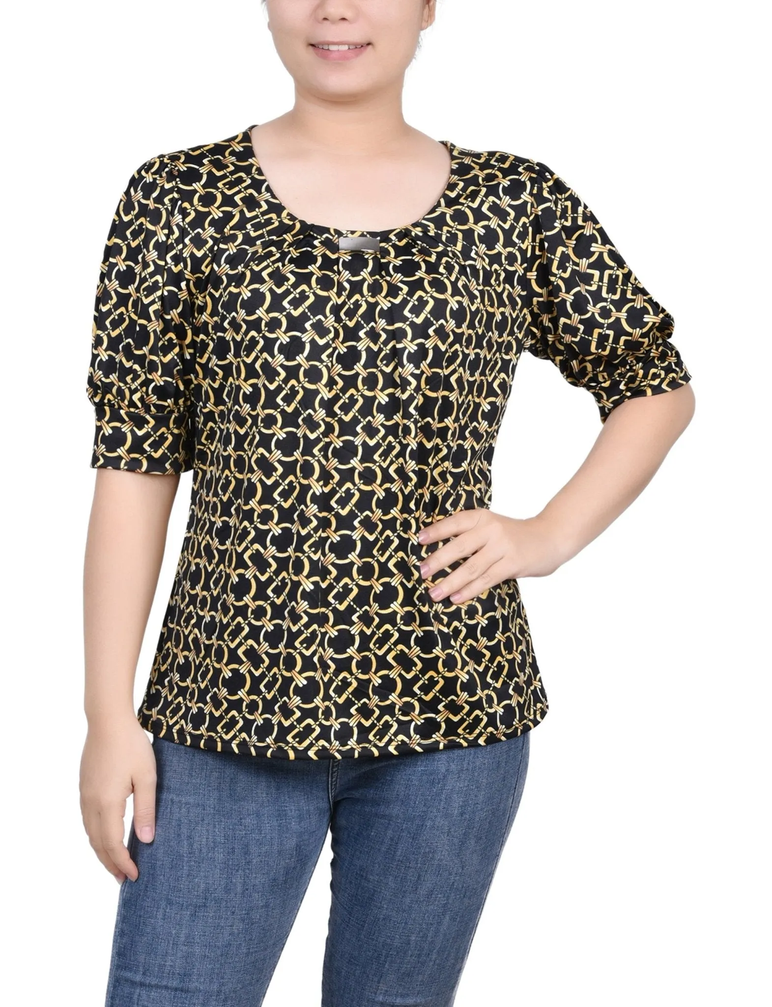 Black Gold Chain Short Sleeve Balloon Sleeve Top - Petite sold by Dress Barn