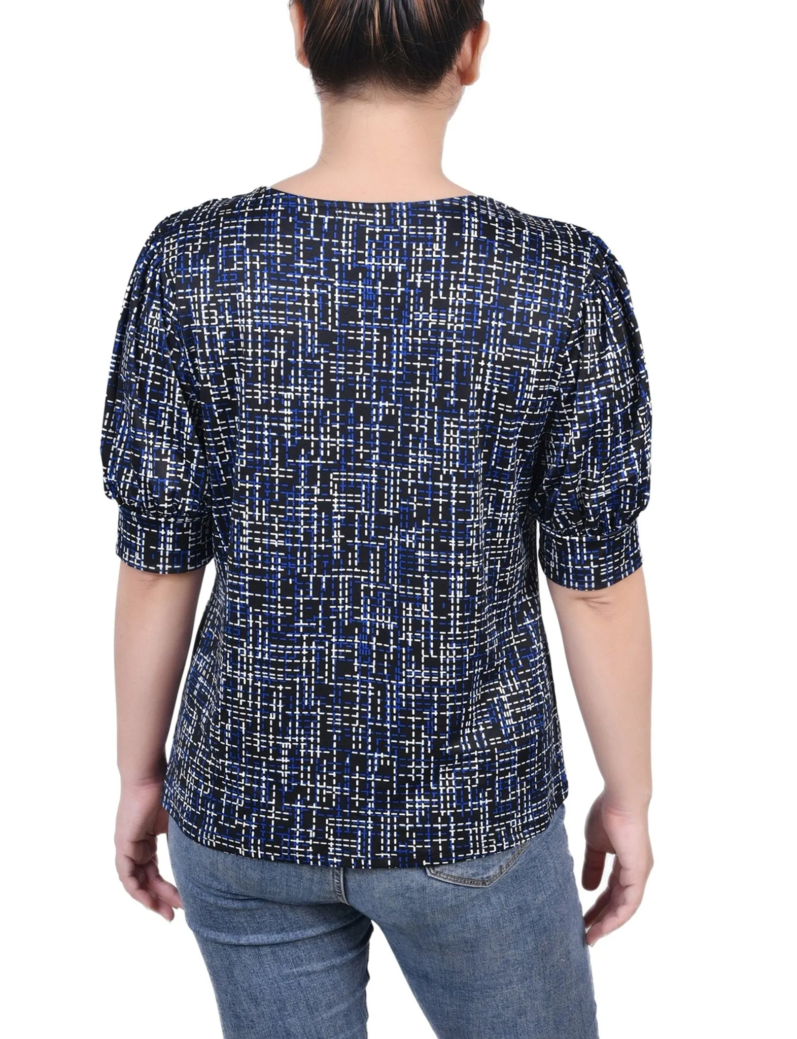 Royal White Abstract Short Sleeve Balloon Sleeve Top - Petite sold by Dress Barn product image thumbnail 4