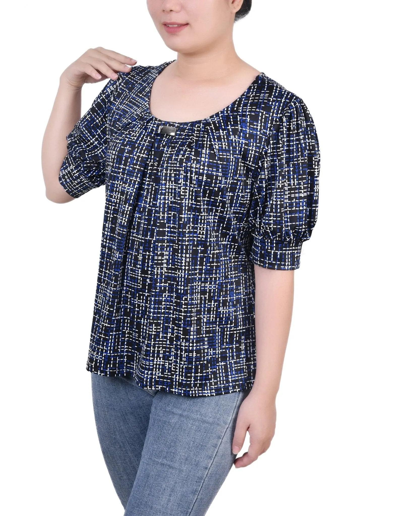 Royal White Abstract Short Sleeve Balloon Sleeve Top - Petite sold by Dress Barn product image thumbnail 2