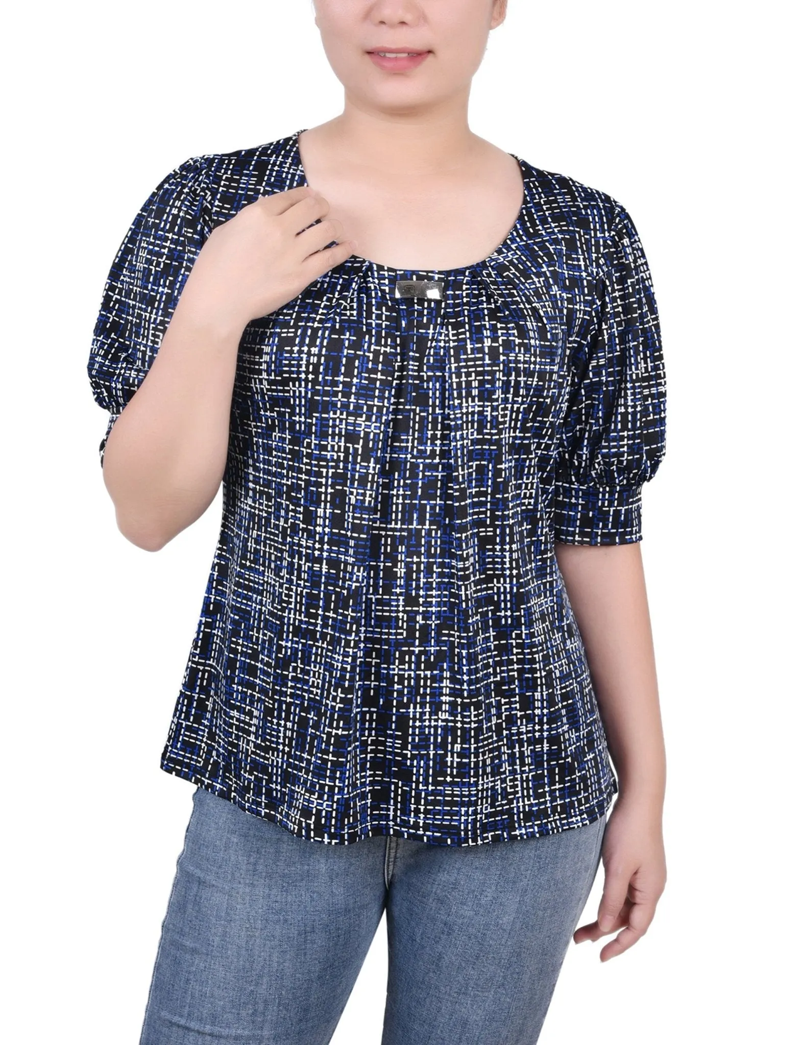 Royal White Abstract Short Sleeve Balloon Sleeve Top - Petite sold by Dress Barn