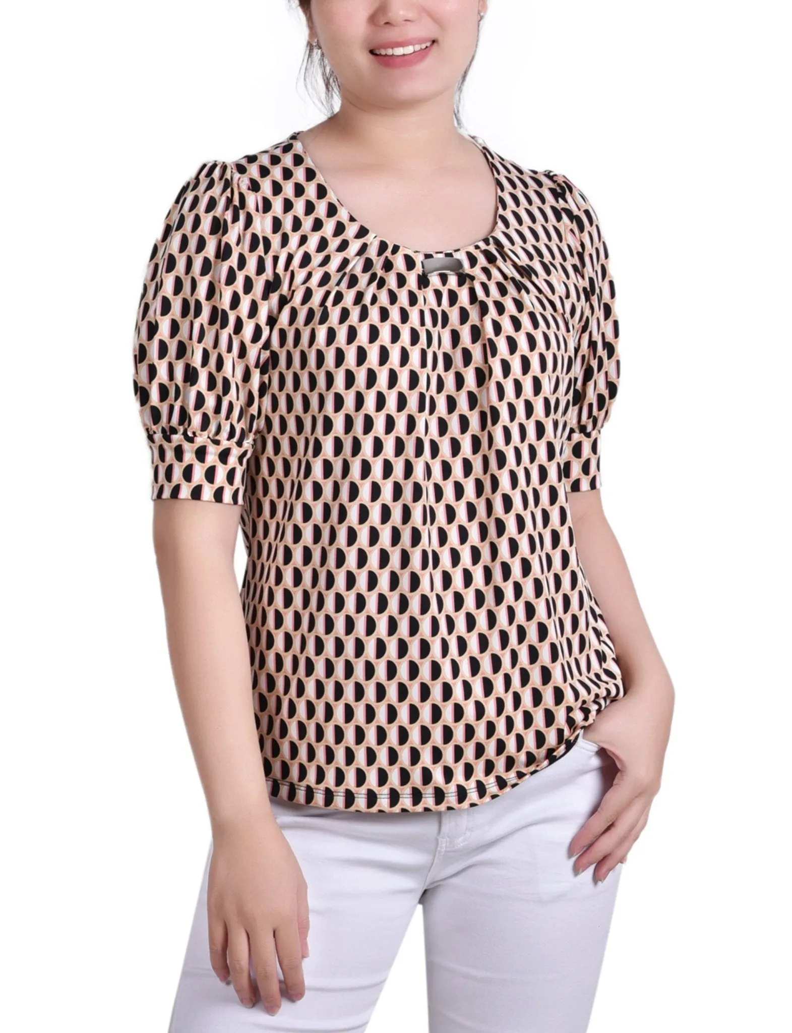 Geo Round Short Sleeve Balloon Sleeve Top - Petite sold by Dress Barn