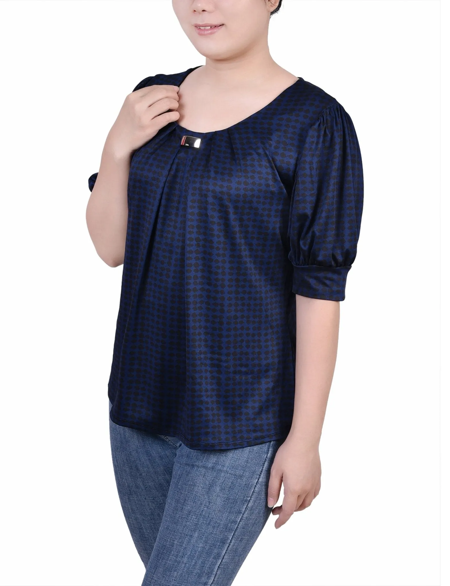 Estate Blue Snowpop Short Sleeve Balloon Sleeve Top - Petite sold by Dress Barn product image thumbnail 2