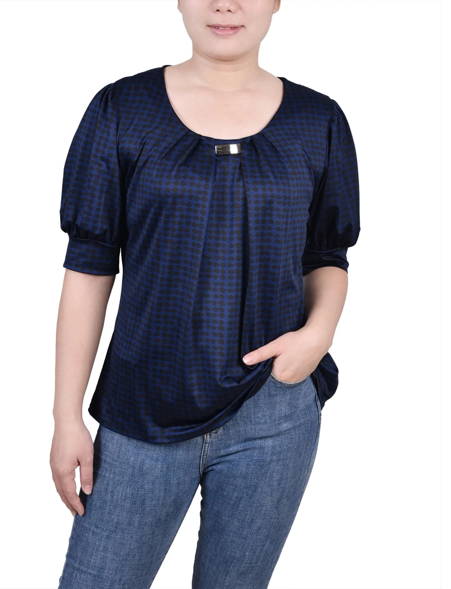 Estate Blue Snowpop Short Sleeve Balloon Sleeve Top - Petite sold by Dress Barn
