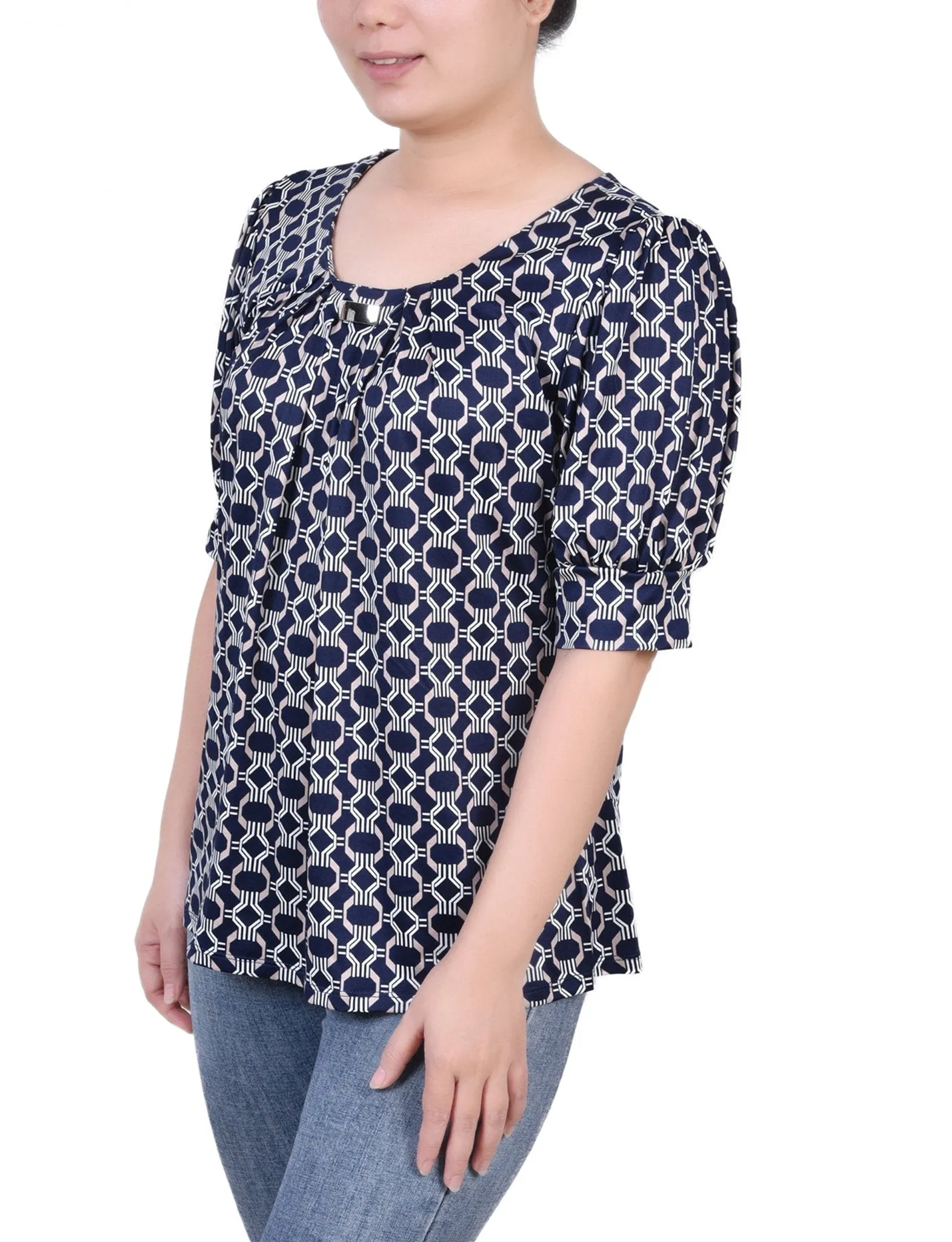 Navy Taupe Link Short Sleeve Balloon Sleeve Top - Petite sold by Dress Barn product image thumbnail 2