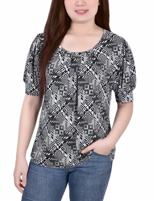 Black White Boxes Short Sleeve Balloon Sleeve Top - Petite sold by Dress Barn