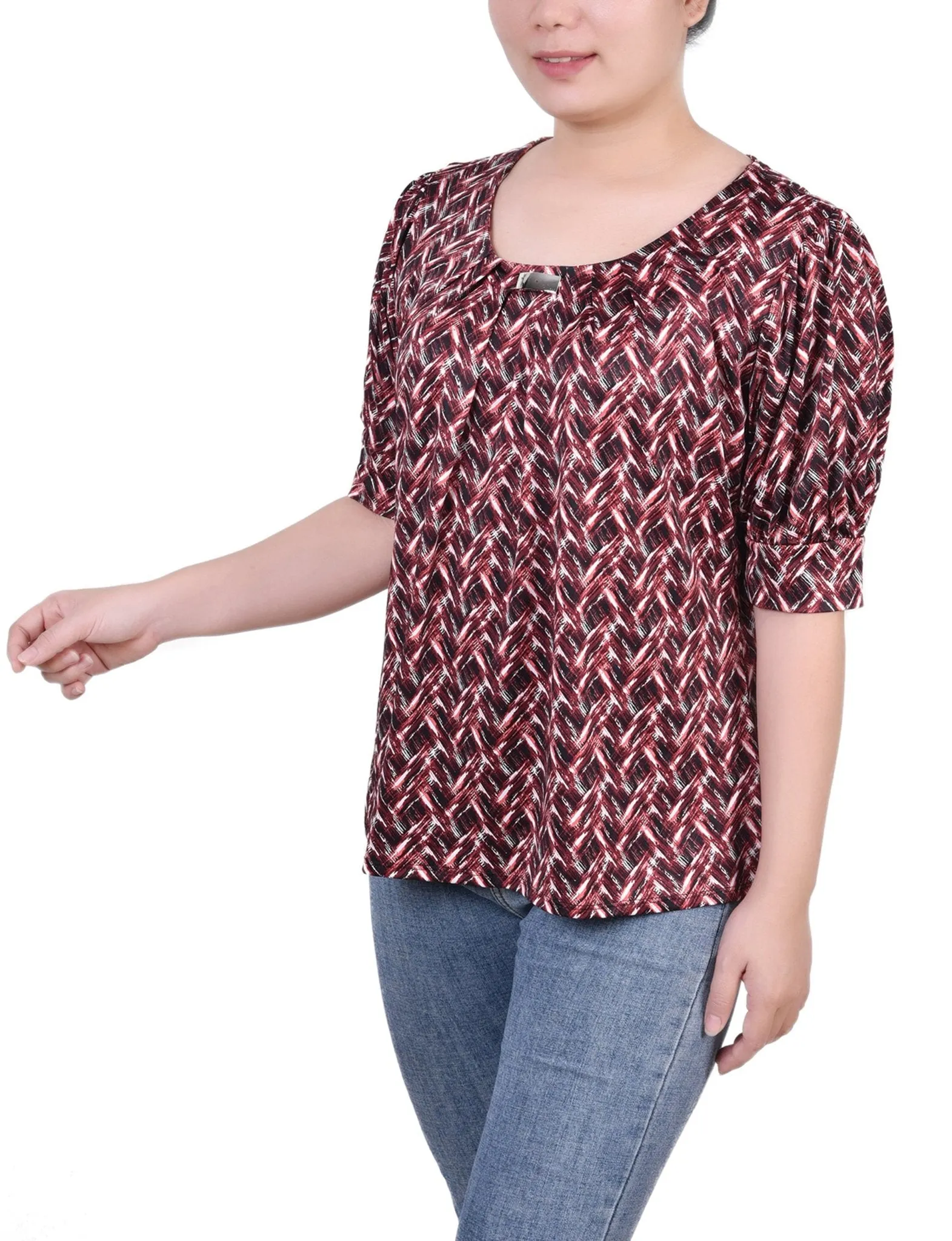 Black Wine Zigzag Short Sleeve Balloon Sleeve Top - Petite sold by Dress Barn product image thumbnail 2