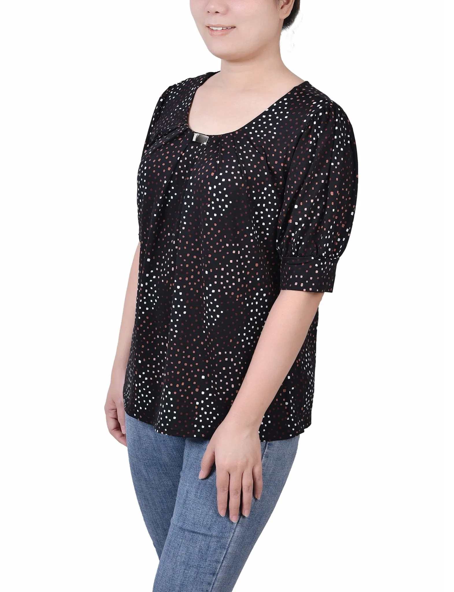 Black White Abstract Short Sleeve Balloon Sleeve Top - Petite sold by Dress Barn product image thumbnail 2