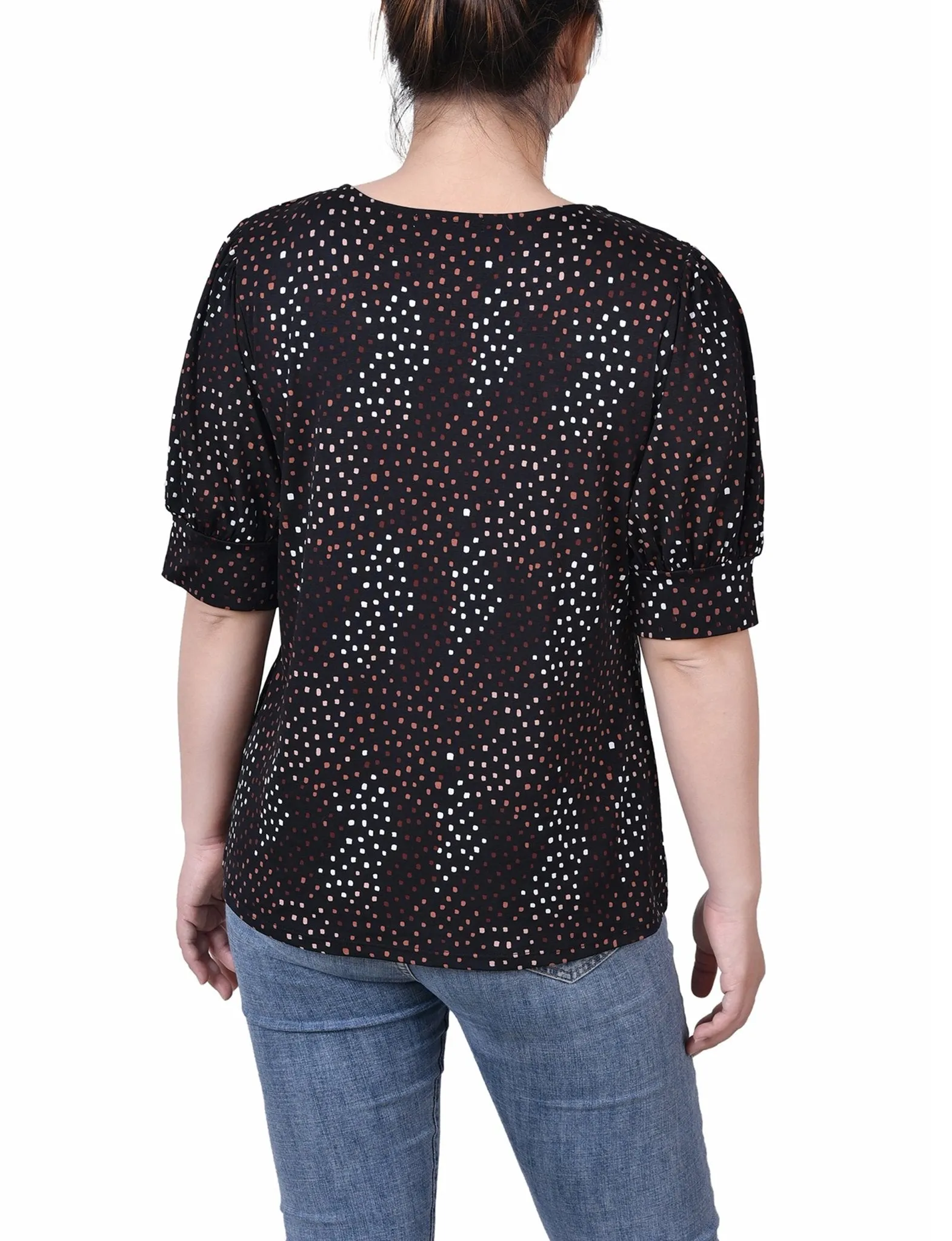 Black White Abstract Short Sleeve Balloon Sleeve Top - Petite sold by Dress Barn product image thumbnail 4