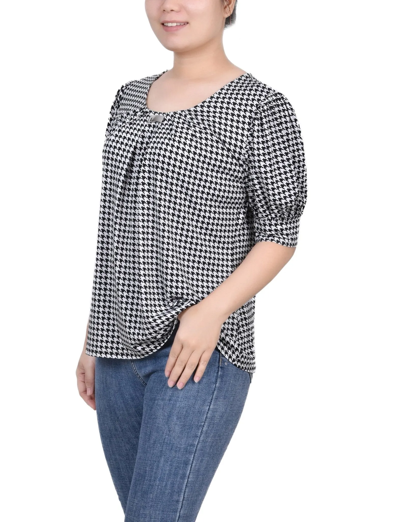 Black White Herringbone Short Sleeve Balloon Sleeve Top - Petite sold by Dress Barn product image thumbnail 2