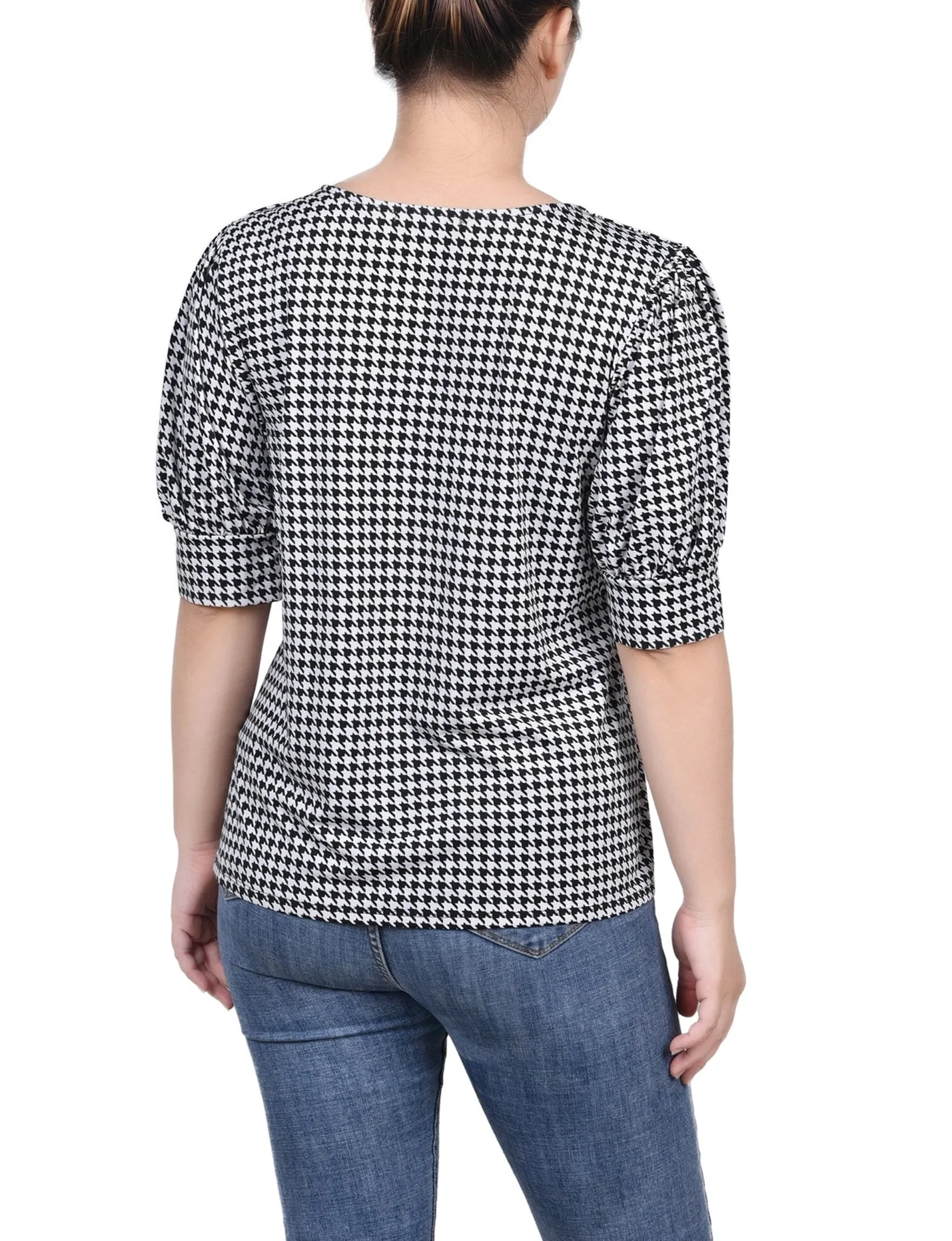 Black White Herringbone Short Sleeve Balloon Sleeve Top - Petite sold by Dress Barn product image thumbnail 4