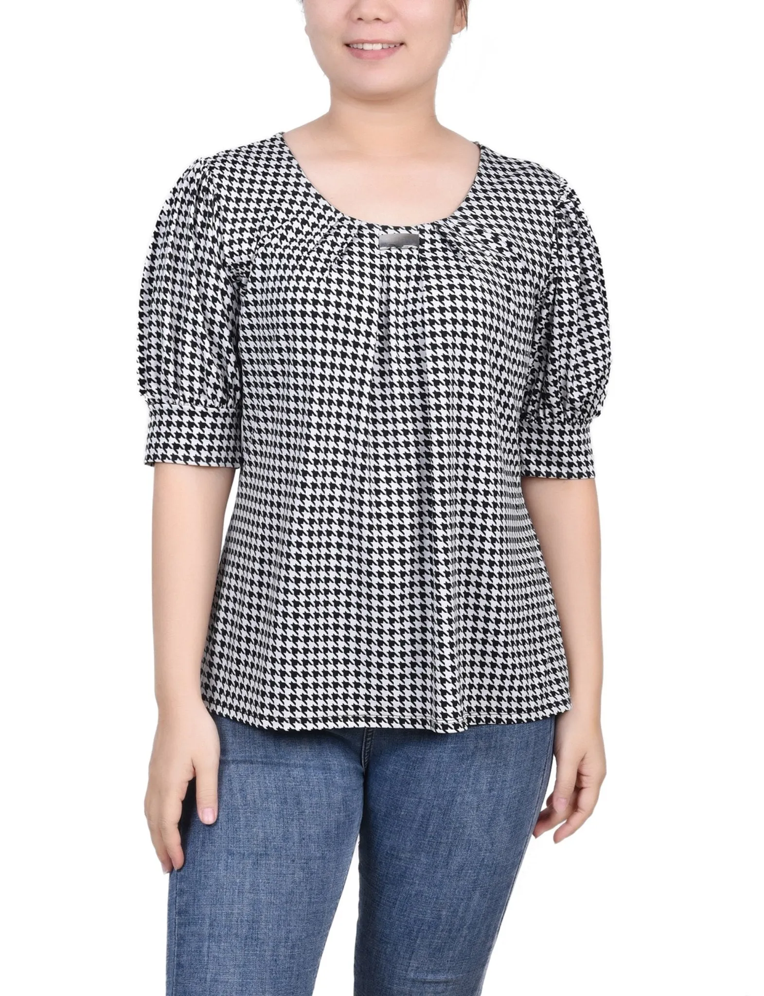 Black White Herringbone Short Sleeve Balloon Sleeve Top - Petite sold by Dress Barn