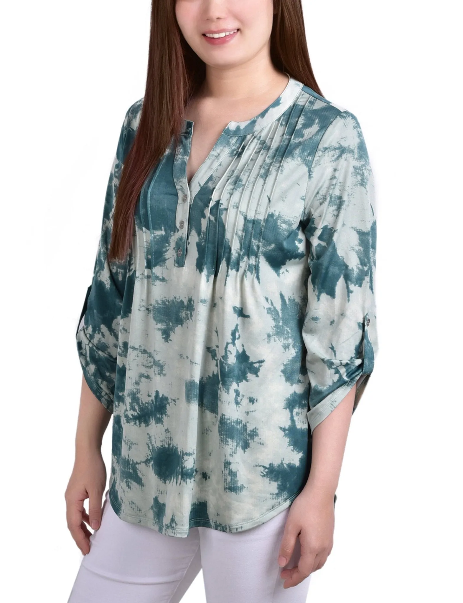 Seafoam Tiedye 3/4 Bell Sleeve Pleat Front Y Neck Top - Petite sold by Dress Barn product image thumbnail 2