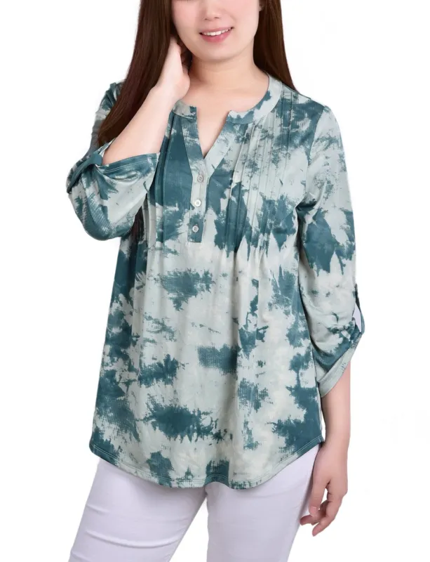 Seafoam Tiedye 3/4 Bell Sleeve Pleat Front Y Neck Top - Petite sold by Dress Barn