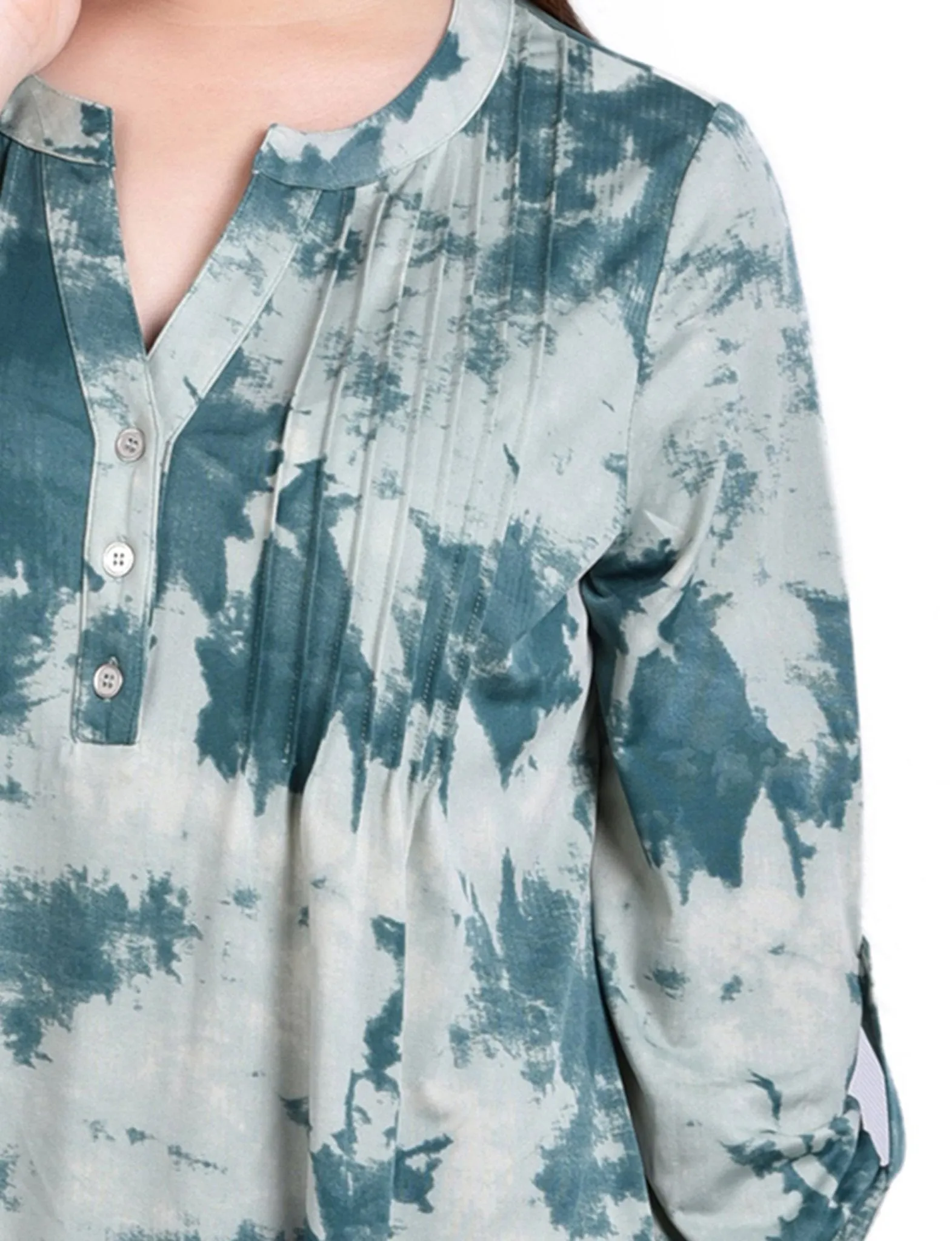 Seafoam Tiedye 3/4 Bell Sleeve Pleat Front Y Neck Top - Petite sold by Dress Barn product image thumbnail 3