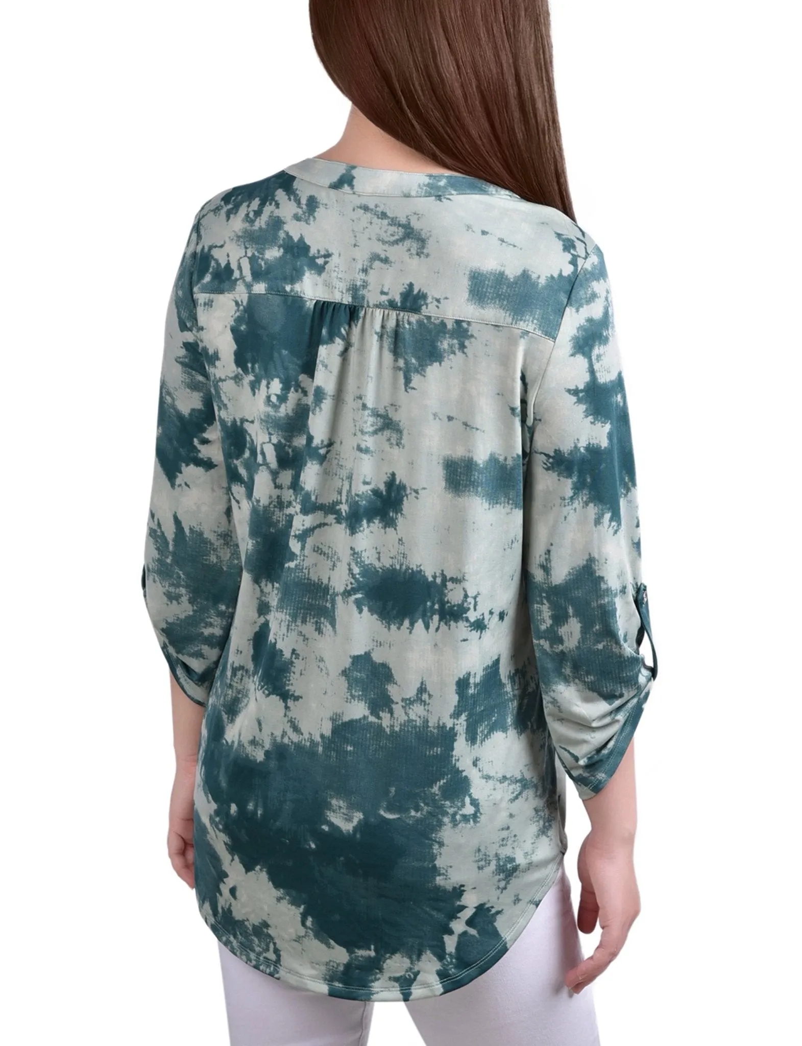 Seafoam Tiedye 3/4 Bell Sleeve Pleat Front Y Neck Top - Petite sold by Dress Barn product image thumbnail 4