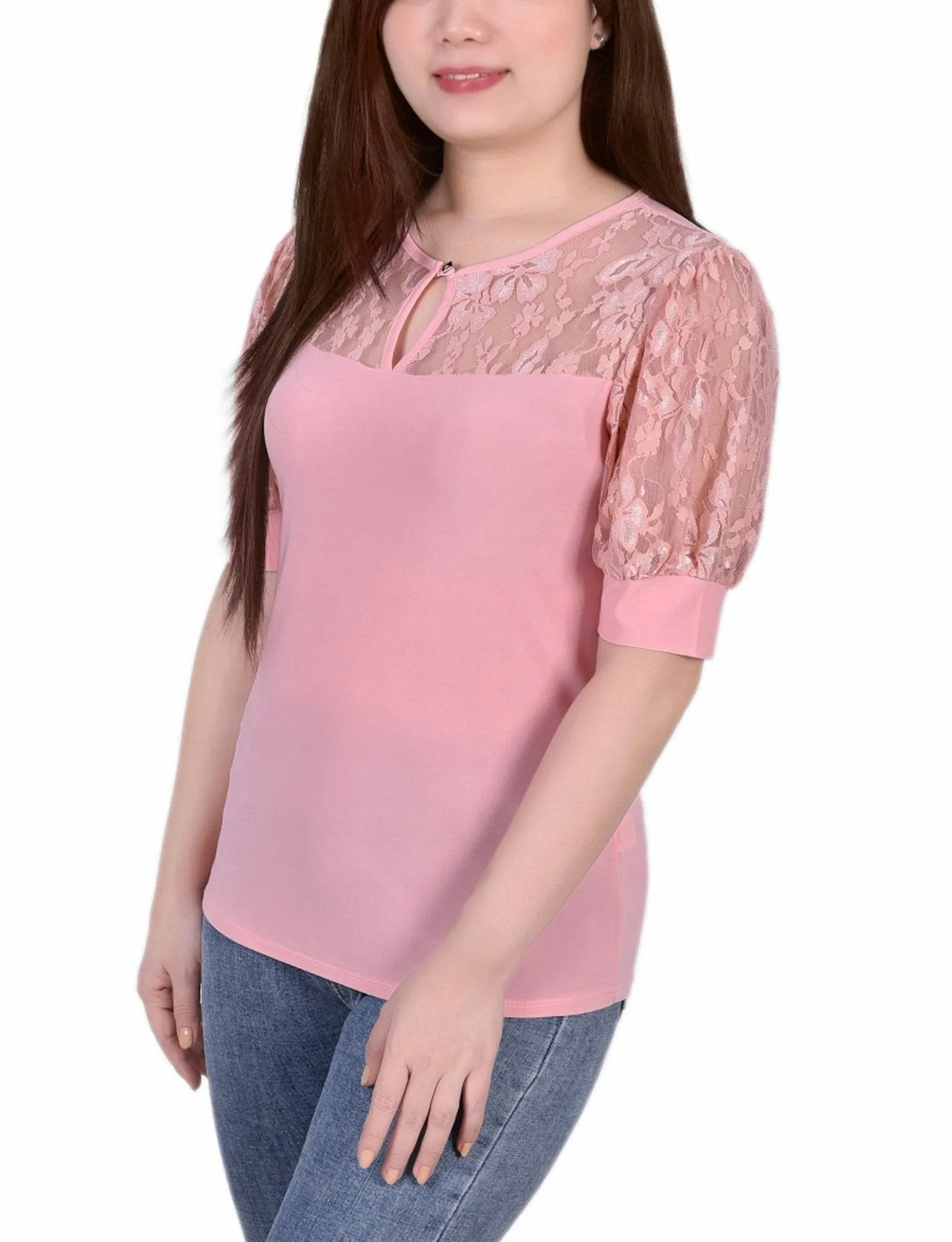 Mellow Rose Short Puff Sleeve Top With Lace Sleeves And Yoke - Petite sold by Dress Barn product image thumbnail 2