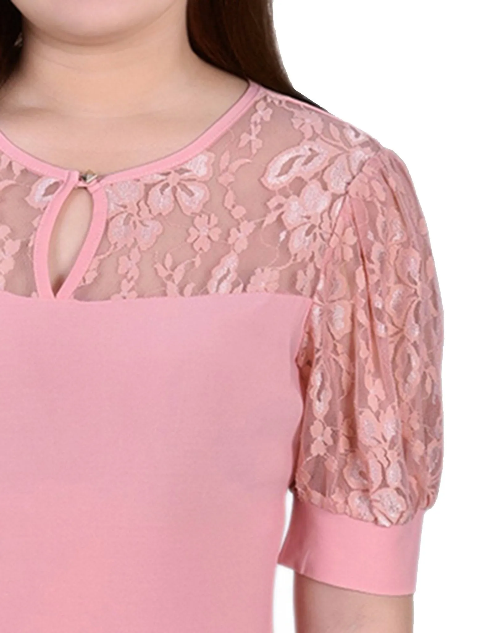 Mellow Rose Short Puff Sleeve Top With Lace Sleeves And Yoke - Petite sold by Dress Barn product image thumbnail 3