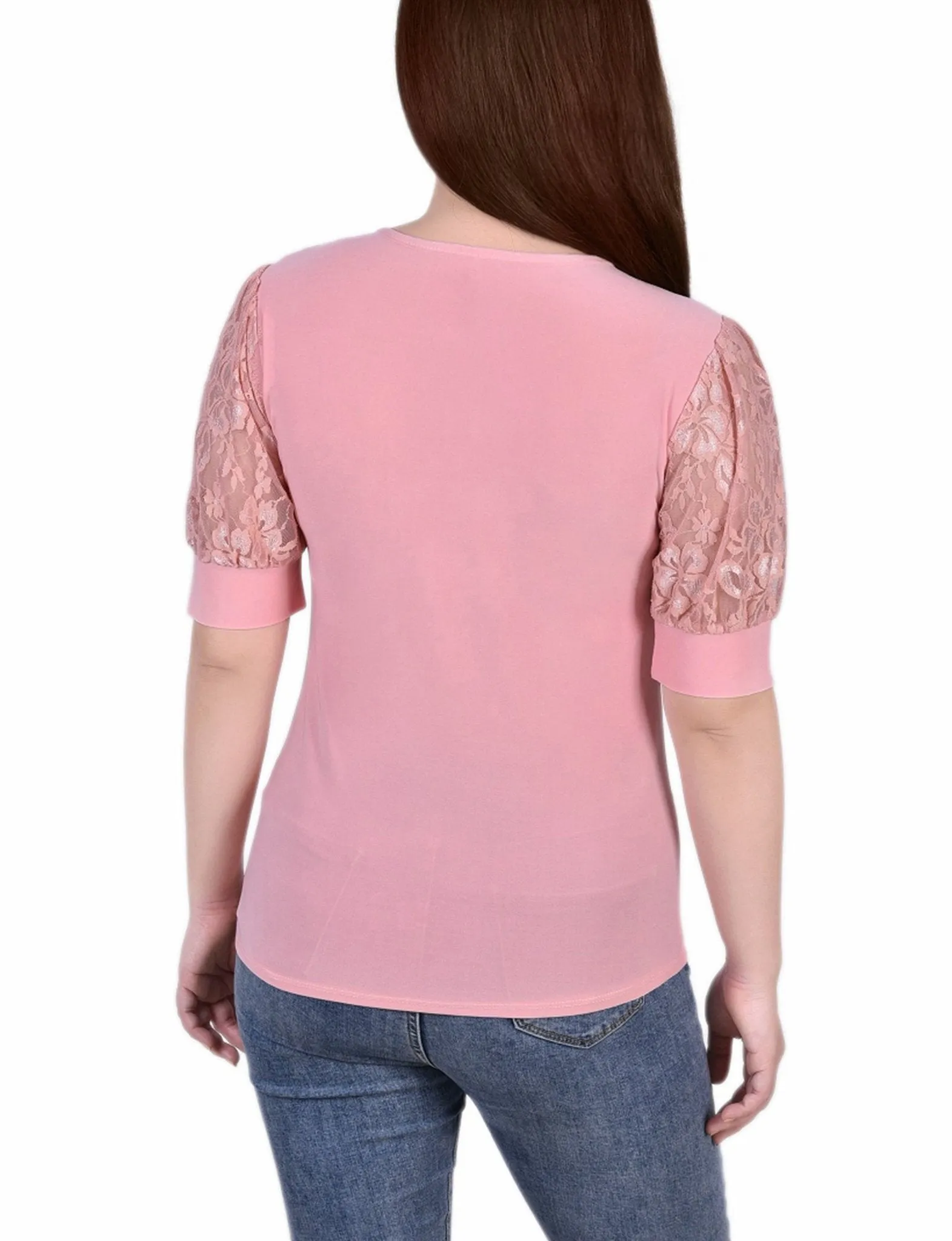 Mellow Rose Short Puff Sleeve Top With Lace Sleeves And Yoke - Petite sold by Dress Barn product image thumbnail 4