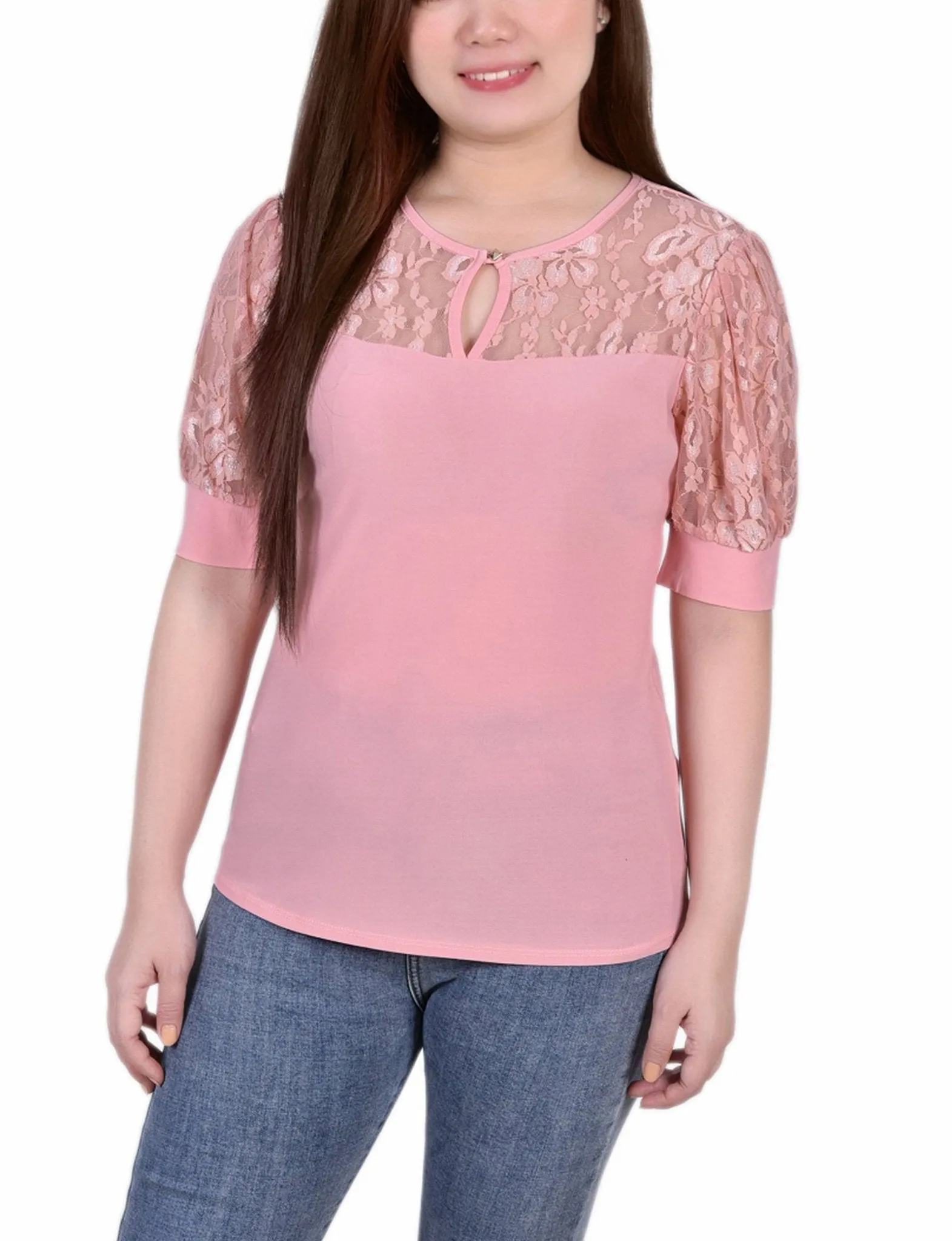 Mellow Rose Short Puff Sleeve Top With Lace Sleeves And Yoke - Petite sold by Dress Barn